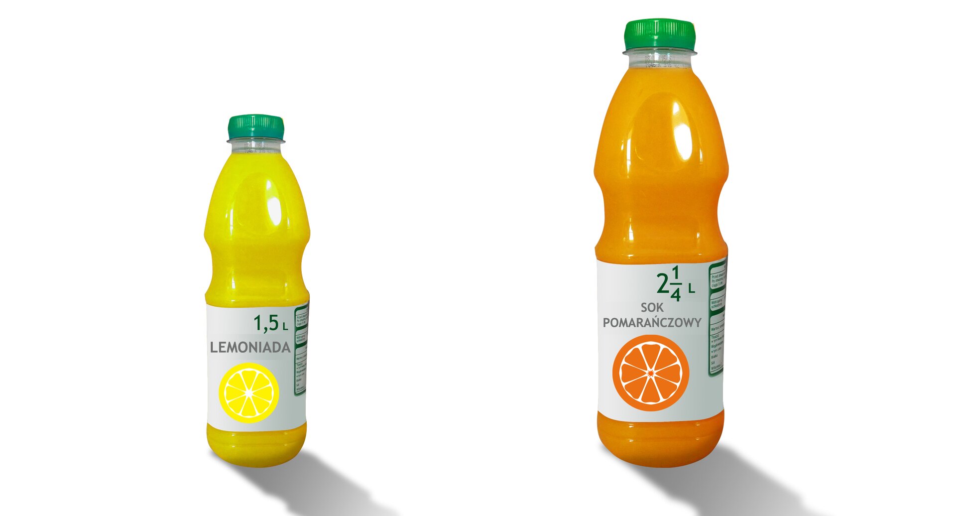 Rysunek dwóch butelek z napojami. Lemoniada - 1,5 litra, sok pomarańczowy - dwa i jedna czwarta litra.