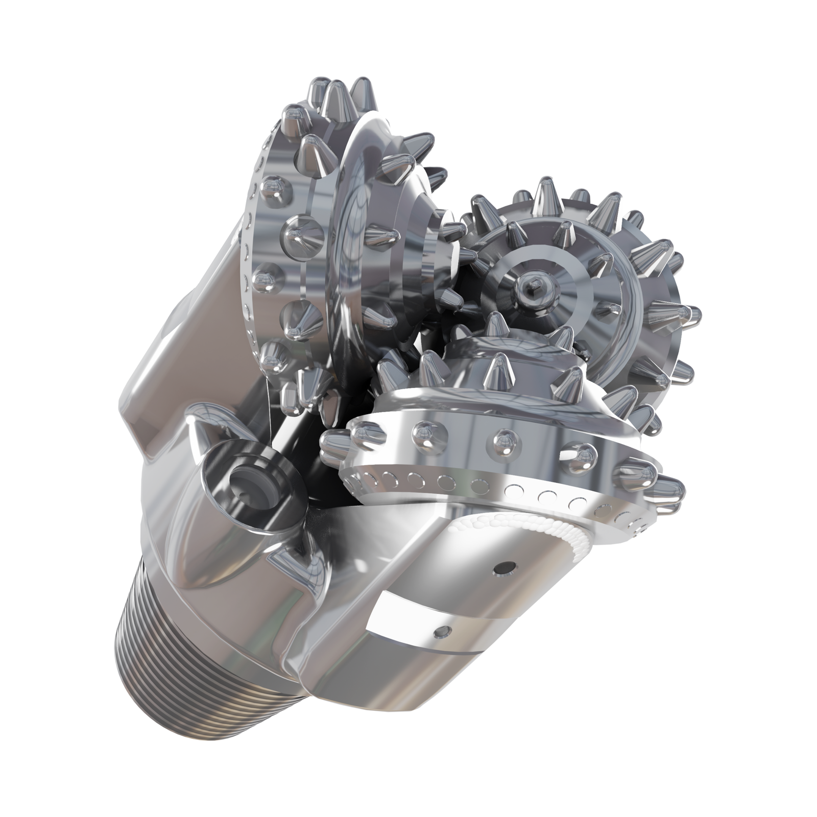 Na ekranie widać model przedstawiający świder gryzowy z zębami słupkowymi. Świder gryzowy jest to narzędzie wiercące pozwalające na zwiercanie powierzchni kołowej otworu wiertniczego. To najpowszechniej stosowany typ świdrów w wiertnictwie obrotowym. Wykonany jest jako korpus stalowy, wyposażony w rolki z nafrezowanymi zębami lub osadzonymi słupkami z węglika wolframu.
Składają się z zespawanych ze sobą segmentów (łap) wyposażonych w czopy, na których osadzone są obrotowe gryzy uzbrojone w zęby frezowane lub słupki. W segmentach umieszczane są kanały, doprowadzające płuczkę wiertniczą pod gryzy. Kanały zakończone są wymiennymi dyszami porcelanowymi, których zadaniem jest nadanie odpowiedniej prędkości wypływu płuczce wiertniczej. W zależności od konstrukcji świdra, ilość dysz może wynosić 1,3 lub 4. Charakterystyczną cechą świdrów gryzowych są łożyska, umieszczone na czopie, umożliwiające obracanie się gryzów podczas urabiania skały. Sposób, w jaki ułożyskowany jest czop, może się zmieniać w zależności od sił, jakie łożyska będą musiały przenieść. Głównym zadaniem obecności łożyska kulkowego w konstrukcji świdra jest zapobieganie spadnięciu gryza z czopa. W zależności od twardości skał stosuje się gryzy z zębami frezowanymi (do skał miękkich) lub z zębami słupkowymi (do skał twardych). Im skała jest bardziej miękka tym długość słupków lub zębów jest większa, a im twardsza tym mniejsza. Rozmieszczone zęby lub słupki na obwodzie gryzów tworzą wieńce w taki sposób, że wieńce jednego gryza wchodzą między wieńce drugiego gryza. Takie ułożenie powoduje samoczyszczenie się gryzów z urobku. W celu zapobiegnięcia utraty średnicy zewnętrznej powierzchnie boczne segmentów są wzmacniane poprzez napawanie twardym materiałem lub zbrojąc je słupkami z węglików spiekanych. Wyróżniamy świdry jedno-, dwu-, trój- lub czterogryzowe jednak najczęściej stosowane są świdry trójgryzowe. Do danych warunków techniczno - geologicznych świdry gryzowe dobieramy według kodu IADC. Sposób w jaki świder gryzowy urabia zwiercaną skałę to kruszenie.
W rzucie głównym widać urządzenie mechaniczne, którego podstawę stanowi gwintowany czop w kształcie lejka. Na czopie osadzone są trzy łapy zakończone gryzem. Łapa, znajdująca się w centralnej części ekranu, widziana z tyłu ma kształt prostokąta o zaokrąglonych wierzchołach górnych. Łapa, która znajduje się z prawej strony ekranu, widziana z boku, jest w kształcie połowy prostopadłościanu utworzonego poprzez odcięcie jego części w linii przekątnej prostopadłościanu. Na utworzonej w ten sposób powierzchni bocznej łapy osadzone są gryzy. Gryz stanowi półkolistą tarczę, po obwodzie której w formie wieńców osadzone są słupki. Podstawa słupka jest w kształcie cylindra, na szczycie którego znajduje się zaokrąglenie w formie półkuli lub wierzchołka stożka. Widoczne rzędy wieńców na sąsiadujących gryzach wchodzą między siebie. Pomiędzy podstawami gryzów widać okrągły otwór, czyli dyszę, którą doprowadzana jest płuczka.
W rzucie widać, że urządzenie zbudowane jest z trzech takich samych segmentów. Osadzone słupki na tarczy gryza rozmieszczone są w formie czterech wieńców. Pomiędzy łapami widać okrągłe otwory, w których znajduje się dysza z płuczką. Na modelu znajdują się trzy takie otwory.