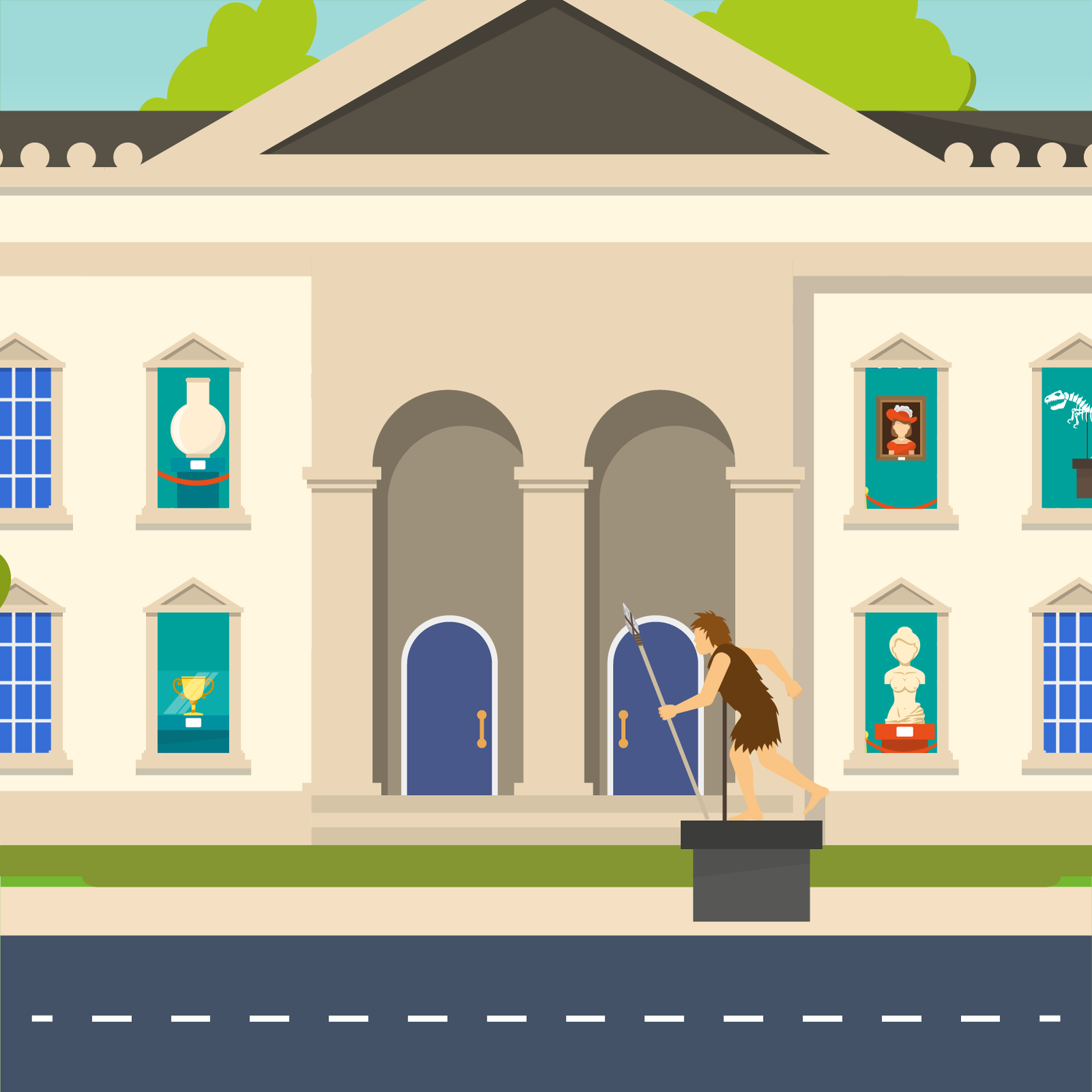 Ilustracja przedstawia budynek muzeum z wysokimi kolumnami. Przed budynkiem stoi posąg, przedstawiający człowieka prymitywnego. Przez niektóre okna zauważyć można wnętrze muzeum, w którym znajduje się sztuka: posągi, puchary, oraz obrazy.