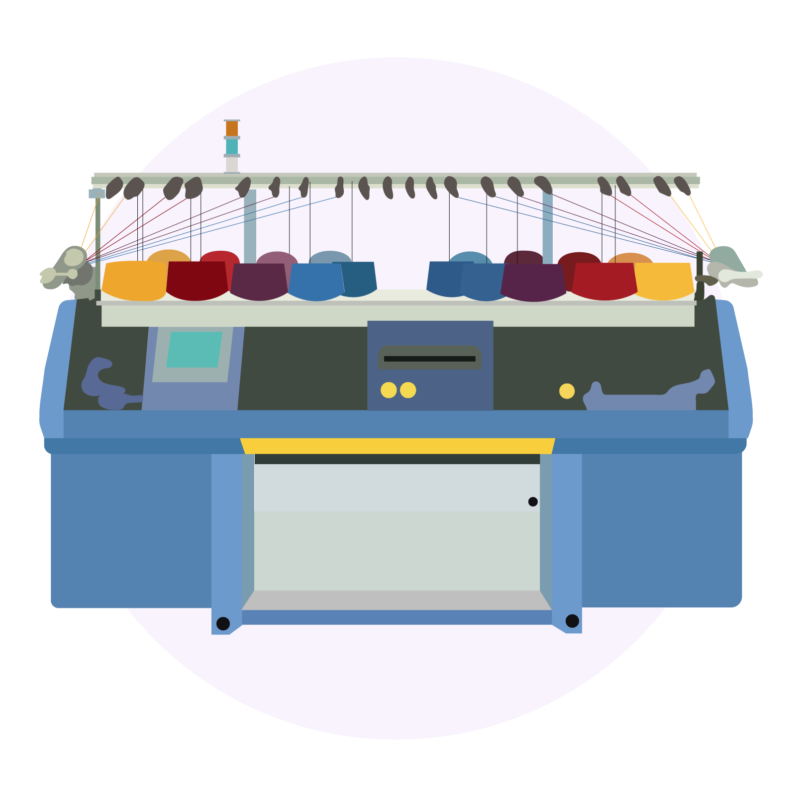 Zdjęcie przedstawia dużą niebieską maszynę z szerokim pulpitem i elektronicznym sterowaniem. Na górze maszyny znajdują się zwinięte szpule nici połączone z uchwytem znajdującym się nad nimi.