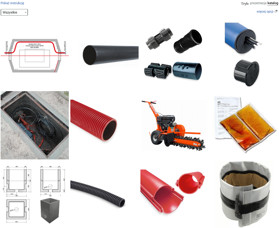 Ilustracja przedstawia przykładowy widok galerii zdjęć. Miniatury zdjęć ułożone są w czterech pionowych rzędach. Nad galerią znajduje się opcja przełączania trybu widoku z katalogu na prezentację.