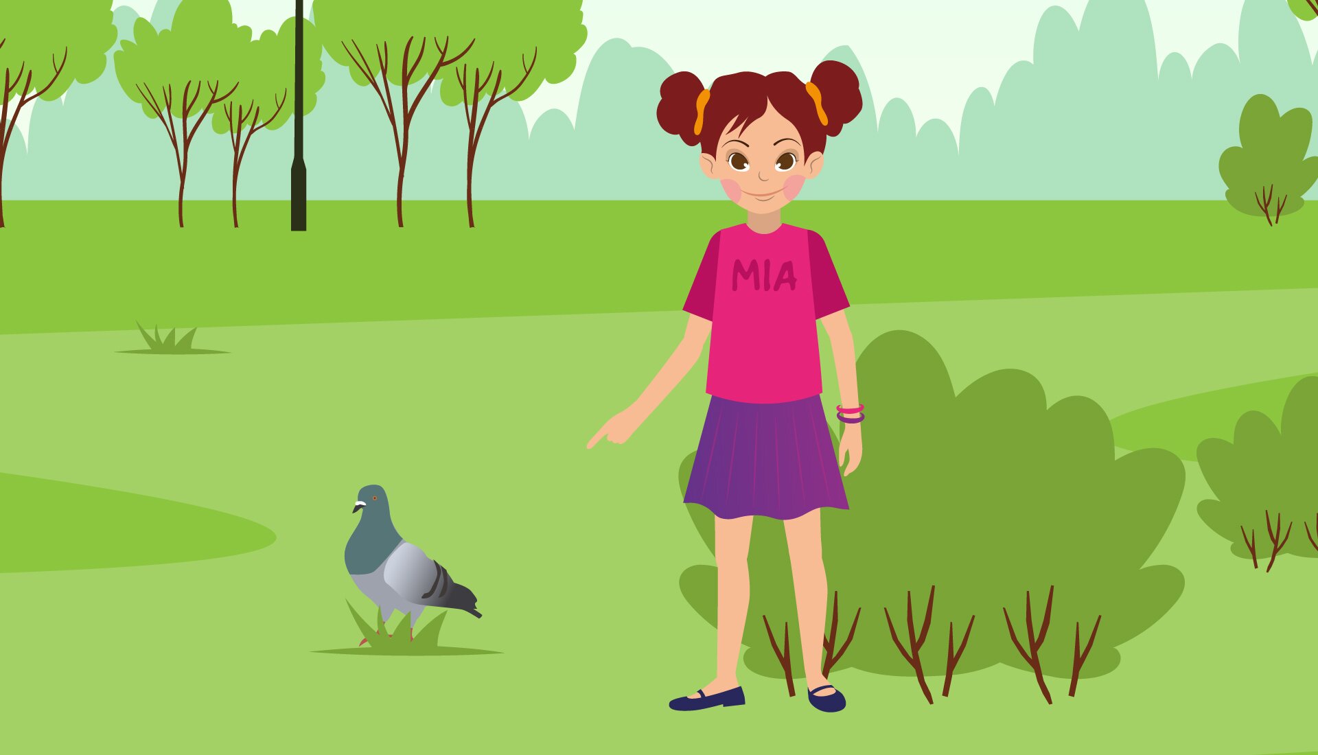 Ilustracja przedstawia dziewczynkę o imieniu  Mia , która stoi w parku i przygląda się gołębiowi, wskazując go palcem.
