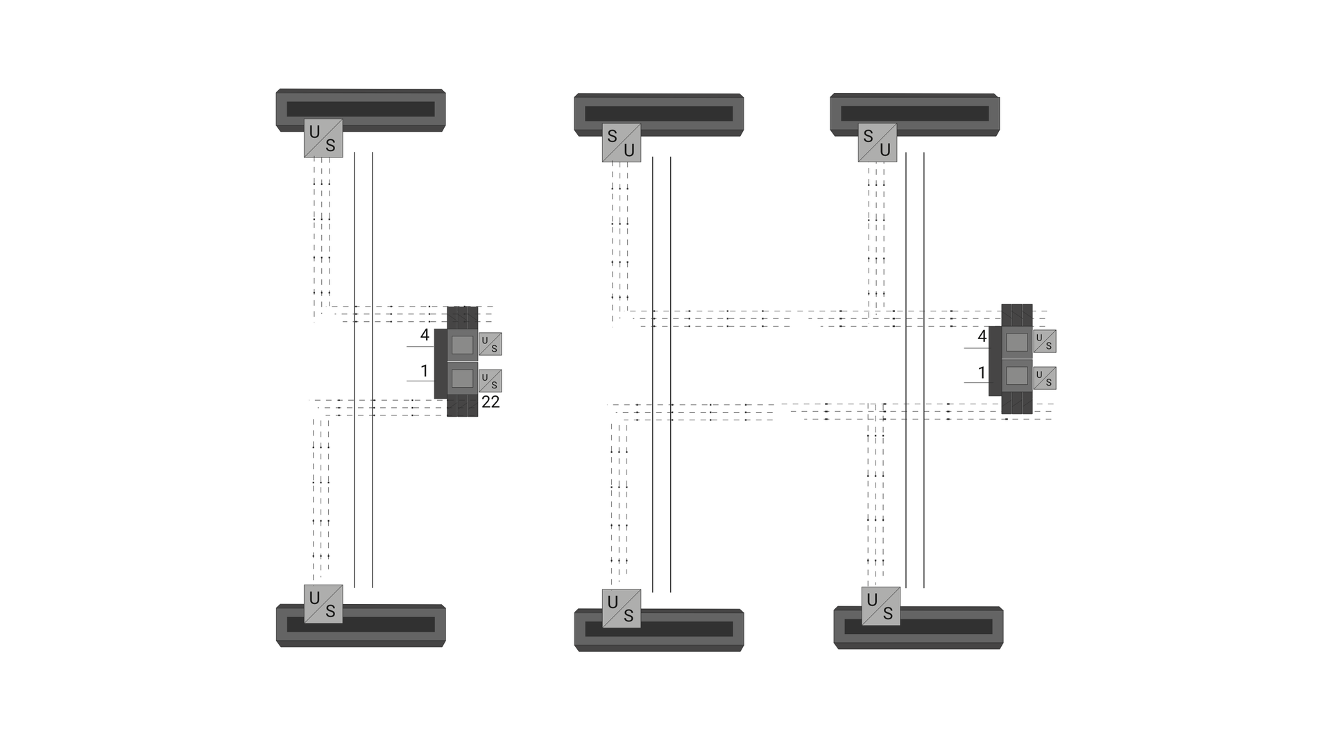 Ilustracja przedstawia schemat systemu BVS. Na ilustracji z lewej strony schematu znajduje się oś z dwoma czujnikami zużycia okładzin na dwukanałowy moduł regulacji ciśnienia. Symetrycznie, u góry i u dołu schematu widać dwa równoległe do siebie prostokąty symbolizujące klocek A i klocek B. Umieszczone są na wspólnej osi i łączą się w centralnej części za pomocą przerywanych linii ze wspólnym elementem. Z prawej strony schematu znajduje się oś z czterema czujnikami zużycia okładzin na dwukanałowy moduł regulacji ciśnienia. Symetrycznie w dwóch rzędach u góry i u dołu schematu widać cztery równoległe do siebie prostokąty symbolizujące klocek A i klocek B oraz klocek C i klocek D. Umieszczone są na dwóch osiach i za pomocą przerywanych linii łączą się ze znajdującym się z prawej strony wspólnym elementem. 