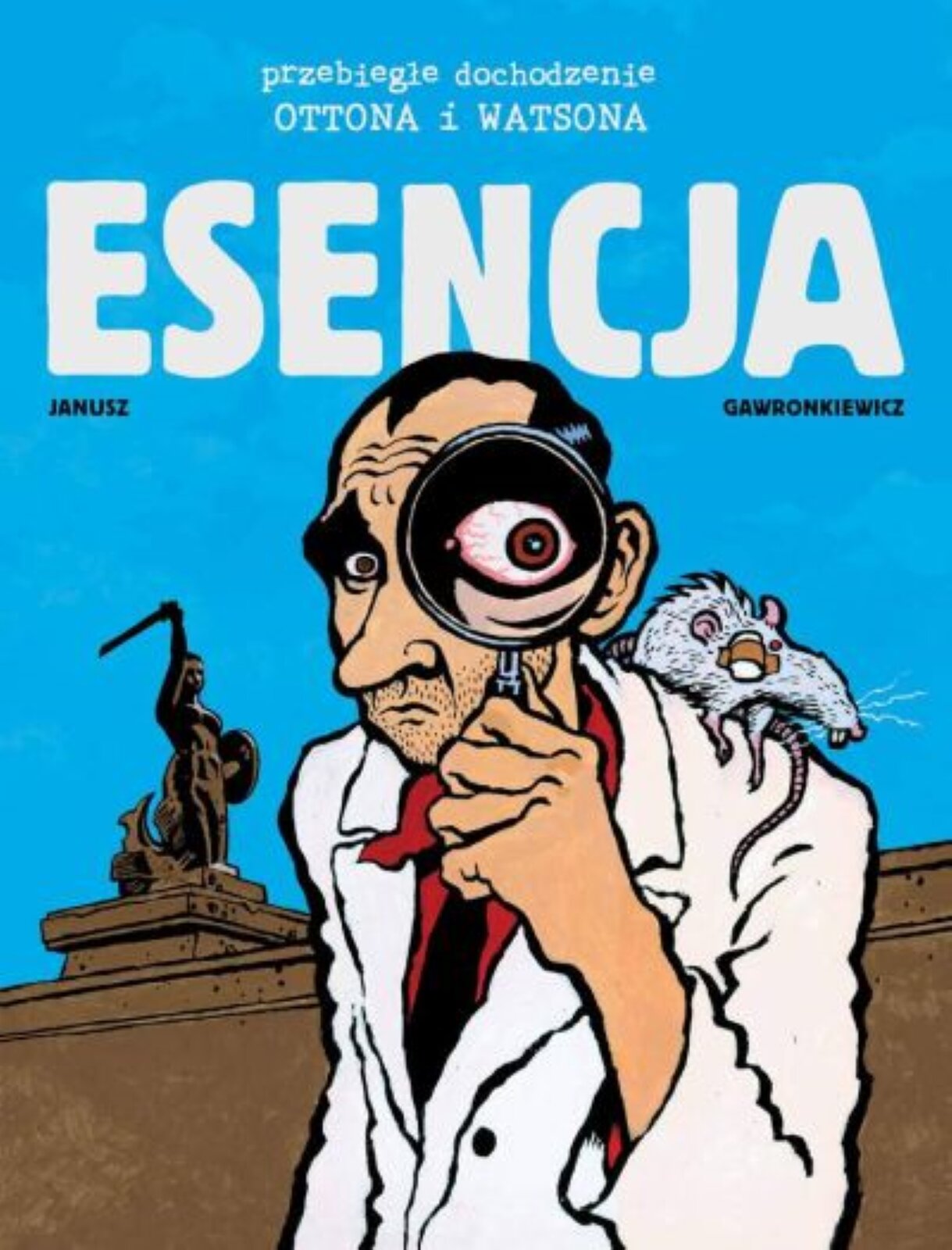 W górnej części ilustracji znajduje się tytuł komiksu: „Przebiegłe dochodzenia Ottona i Watsona: Esencja”. W środkowej części ilustracji znajduje się mężczyzna ubrany w białą marynarkę, czerwoną koszulę oraz krawat. Mężczyzna w ręku trzyma lupę. Na ramieniu mężczyzny znajduje się biały szczur. W oddali za mężczyzną znajduje się kamienna brama na której w lewym rogu znajduje się pomnik syreny trzymającej tarczę oraz miecz. Tło ilustracji jest niebieskie.