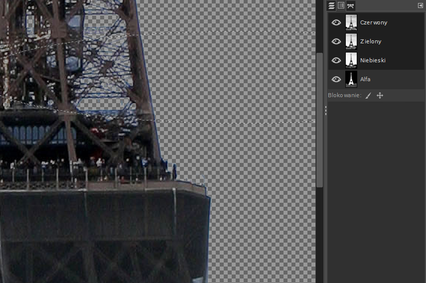 Ilustracja przedstawia okno w programie GIMP. Wewnątrz okna znajduje się bardzo przybliżony fragment wieży Eiffla - górny taras i część iglicy. Tło obrazka – niebo jest pokryte drobną, biało – szarą kratką. Po prawej stronie obrazka widoczny jest pasek z ikonkami: symbolem oka, miniaturką wieży oraz kolejno z napisami: Czerwony, Zielony, Niebieski i Alfa. Poniżej widnieje napis: Blokowanie oraz symbol pędzla i cztery skrzyżowane ze sobą strzałki. 