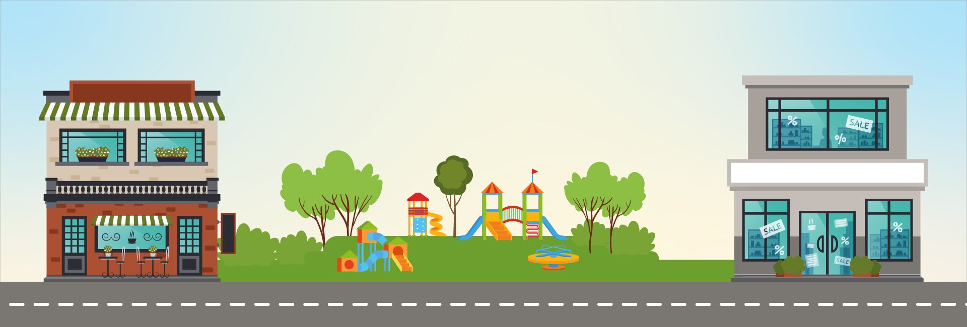 Ilustracja przedstawia długą drogę. Przy drodze znajduje się restauracja, plac zabaw oraz sklep. Restauracja znajduje się koło placu zabaw. Plac zabaw znajduje się koło sklepu. 