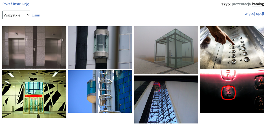 Grafika przedstawia widok galerii zdjęć w trybie katalogu – uczeń ma wówczas podgląd na wszystkie dostępne grafiki