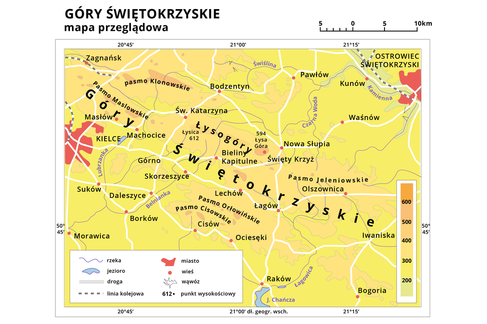 Mapa hipsometryczna przedstawia góry świętokrzyskie. Ich największym szczytem jest Łysica położona 612 metrów nad poziomem morza. Góry dzielą się na Łysogóry, Pasmo Jeleniowskie, Pasmo Ciskowskie, Pasmo Orłowińskie, Pasmo Klonowskie i Pasmo Maslowskie. Góry są położone między Kielcami, a Ostrowcem Świętokrzyskim.  