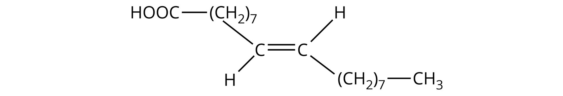 Ilustracja przedstawia wzór półstrukturalny kwasu elaidynowego. Zbudowany jest z dwóch atomów węgla położonych centralnie i połączonych wiązaniem podwójnym. Atom węgla po lewej stronie łączy się na dole z atomem wodoru, a na górze z grupą HOOC, która łączy się z grupą metylenową siedem razy wziętą. Drugi atom węgla na górze łączy się z atomem wodoru, a na dole z grupą metylenową siedem razy wziętą. Łączy się ona z grupą metylową.   