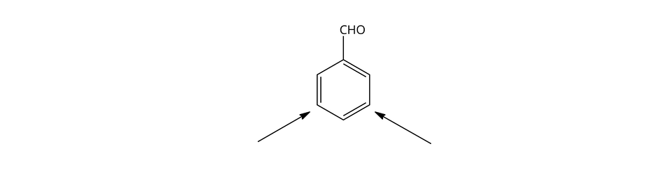 Ilustracja przedstawiający efekt kierujący grupy aldehydowej w pierścieniu fenylowym cząsteczki benzaldehydu, który kieruje podstawniki w pozycję meta.