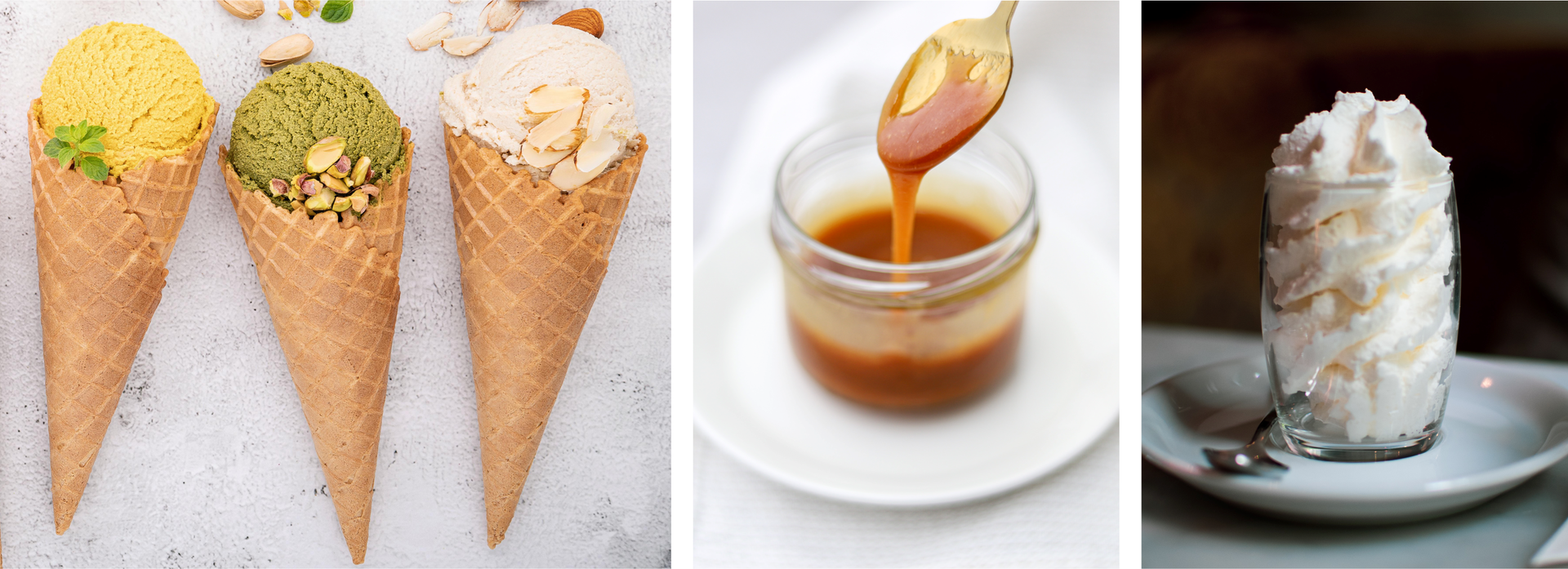 Na ekranie umieszczone są trzy fotografie. Pierwsza od lewej strony przedstawia lody w rożkach. W każdym rożku znajduje się jedna gałka lodów. Pierwsza gałka od lewej strony jest w kolorze żółtym, druga w zielonym, a trzecia w białym. Lody przyozdobione są listkami mięty, pistacjami oraz migdałami. Druga fotografia przedstawia szklany, przezroczysty słoiczek z zawartością przypominającą karmel. Ustawiony jest na białym talerzyku. Nad pojemniczkiem znajduje się uniesiona łyżeczka z karmelem, który spływa z niej wprost do słoika. Na trzeciej fotografii także znajduje się szklany słoik, ustawiony na białym talerzyku. Wypełniony jest białym kremem przypominającym bitą śmietanę.