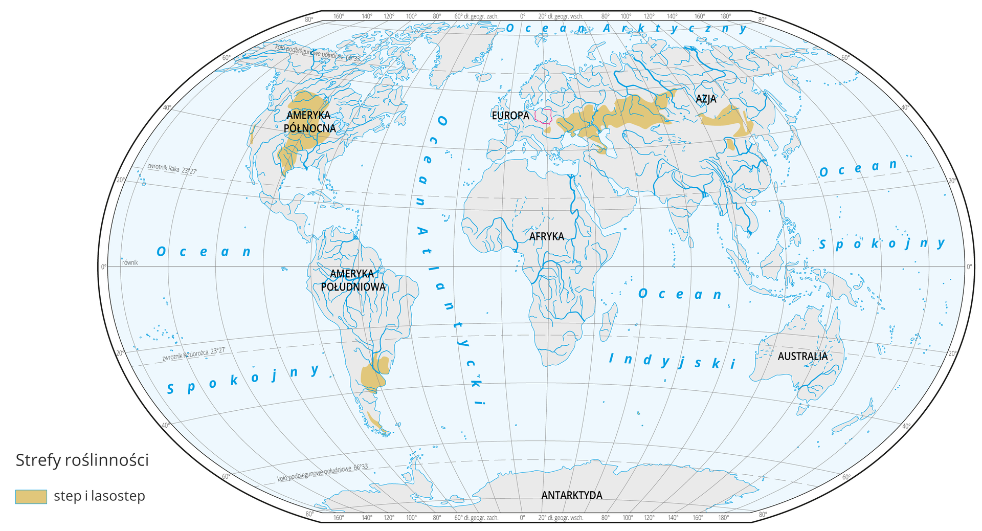 Mapa świata prezentuje występowanie stepu i lasostepu na Ziemi. Step i lasostep oznaczono kolorem brązowym na mapie. Step występują w: Środkowej Europie, Europie Południowo-Wschodniej, Azji Środkowej, Środkowej Ameryce Północnej, Ameryce Południowej.