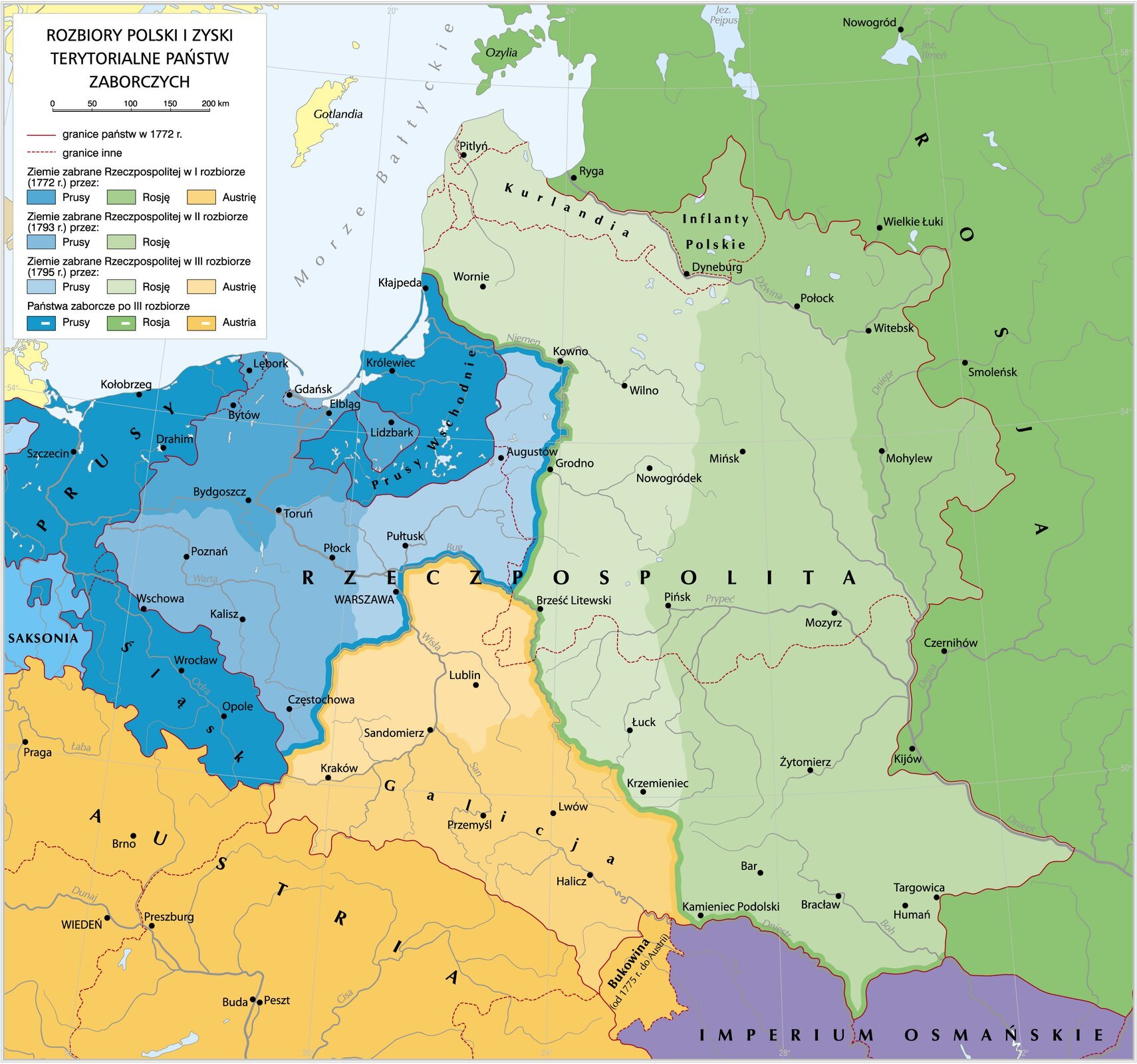 Mapa przedstawia rozbiory Polski. W 1772 roku doszło do pierwszego rozbioru Polski.  Prusy zajęły Pomorze Gdańskie i Warmię. Austria zajęła południową i wschodnią Małopolskę, którą nazwała Galicją. Rosja zajęła polskie Inflanty i tereny przygraniczne na zachód od Smoleńska.  W 1793 roku doszło do drugiego rozbioru Polski. Prusy zajęły Gdańsk i Wielkopolskę, a Rosja centralną Ukrainę i wschodnią Białoruś wraz z Mińskiem.  W 1795 roku doszło do trzeciego rozbioru Polski. Prusy zajęły Suwalszczyznę, Podlasie i Warszawę. Austria Lubelszczyznę i północną Małopolskę. Rosja zajęła Kurlandię, Litwę, i tereny zachodniej Białorusi wraz z Brześciem i Grodnem oraz część zachodniej Ukrainy. 