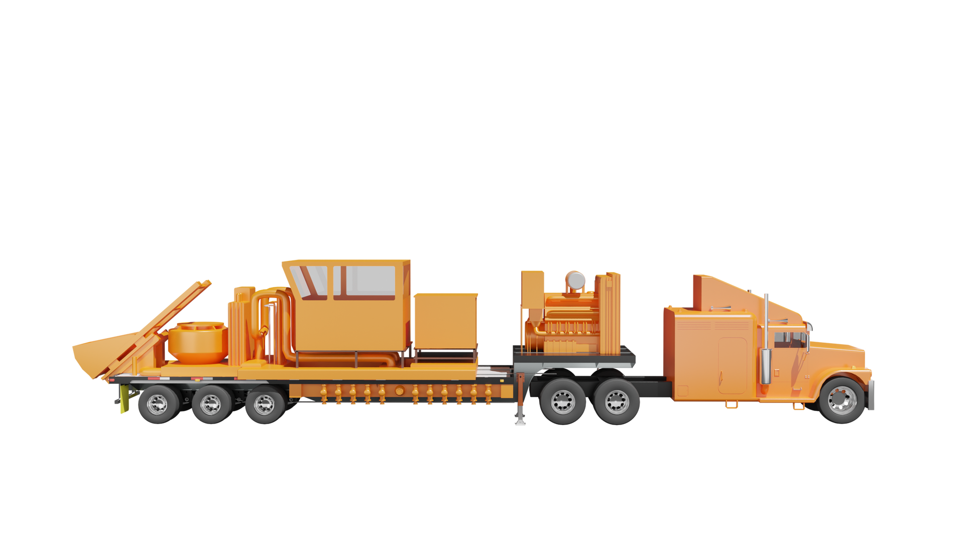 Na zdjęciu znajduje się animowana piaskomieszałka na podwoziu przyczepy. Do ciągnika samochodowego przyłączona jest długa przyczepa. Na przyczepie za kabiną kierowcy znajduje się pomarańczowy element przypominający silnik. Za nim widoczny jest prostokątny element oraz kabina operatora  o kształcie prostopadłościanu. Obok kabiny operatora biegną pomarańczowe rury łączące się z cylindrycznym zbiornikiem. Zbiornik znajduje się przed kabiną.