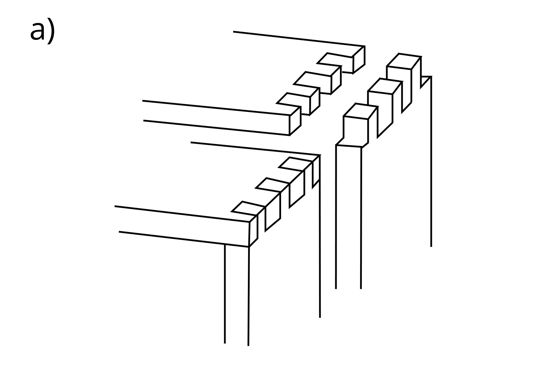 Ilustracja ukazuje dwa rysunki złącza wczepowego prostego odkrytego. Jest to połączenie narożnikowe ścienne – szerokie elementy łączą się pod kątem prostym.  Na pierwszym rysunku widoczne są dwa elementy zakończone wcięciami i wypustami. Na drugim rysunku elementy są połączone, a miejsce łączenia jest widoczne.