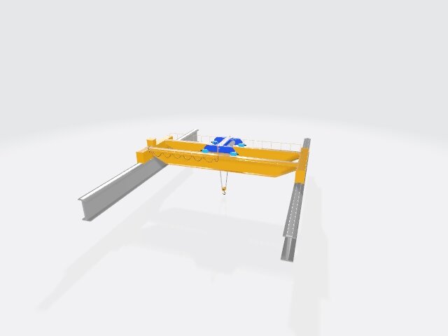 Grafika przedstawia suwnicę. Między dwoma metalowymi belkami znajdują się dwie szyny po których może przesuwać się urządzenie z podwieszonym poniżej hakiem.