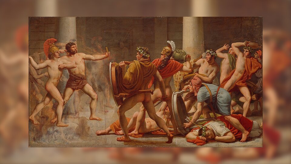 Zdjęcie przedstawia wnętrze antycznego pałacu. Po lewej stronie znajduje się walczący Odyseusz. Atakuje grupę młodych mężczyzn. Trwa zacięta walka, na ziemi leżą ciała zabitych zalotników.