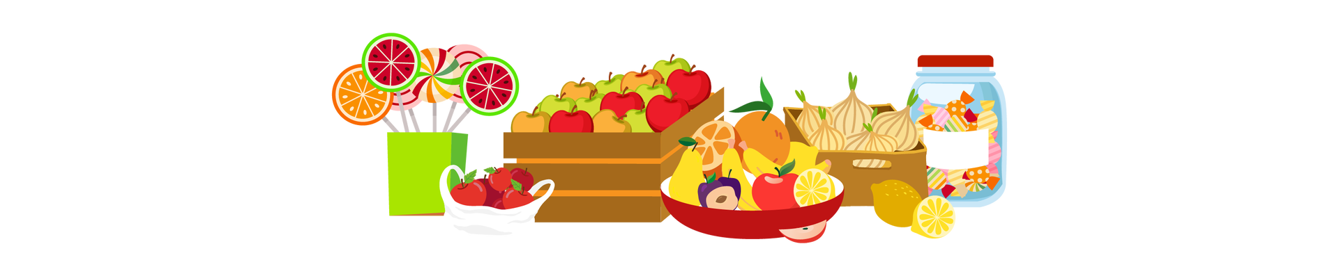 Ilustracja przedstawia różne przedmioty ułożone blisko siebie. Po lewej stronie stoi jasnozielony pojemnik, z którego wystają okrągłe kolorowe lizaki. Nieco bliżej znajduje się torba foliowa wypełniona czerwonymi jabłkami. Dalej na prawo stoi duża brązowa skrzynka z zielonymi, żółtymi i czerwonymi jabłkami. Obok niej znajduje się ciemnoczerwona miska z owocami. Są tam pomarańcze, gruszka, banany, śliwki, jabłko i cytryny. Mały kawałek czerwonego jabłka leży obok miski. Za miską jest prostokątna brązowa skrzynka z cebulami. Przed nią leży cytryna, a obok połowa kolejnej cytryny. Po prawej stronie ilustracji stoi duży słoik z czerwoną nakrętką i pustą białą etykietą. Jest on wypełniony kolorowymi cukierkami.