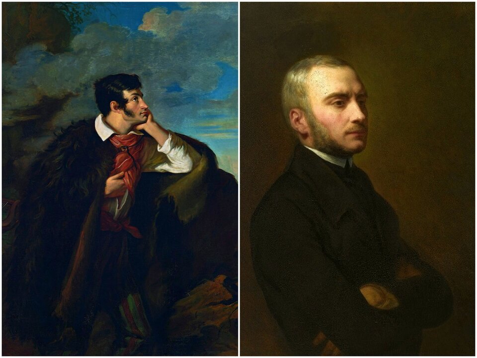 Ilustracja przedstawia dwa obrazy. Po lewej stronie portret Adama Mickiewicza. Obraz przedstawia portret młodego mężczyzny. Widzimy jego prawy profil. Mężczyzna ma ciemne, krótkie włosy i zamyślone oczy. Jego policzki zdobią gęste bokobrody. Jego nos jest prosty, wydatny. Mężczyzna siedzi wsparty na lewej ręce. Podtrzymuje głowę dłonią. Ubrany jest w białą koszulę z szerokim kołnierzem. Pod szyją ma zawiązaną szeroką chustę. Ma na ramionach futrzaną pelerynę. Obraz po prawej stronie przedstawia Zygmunta Krasińskiego.  Obraz przedstawia portret dojrzałego mężczyzny. Mężczyzna ma szczupłą twarz, spiczasty nos i niewielkie wąsy. Jego włosy są jasne, na bokach policzków widoczne są szerokie bokobrody. Mężczyzna ubrany jest w surdut, kamizelkę i koszulę ze stójką.
