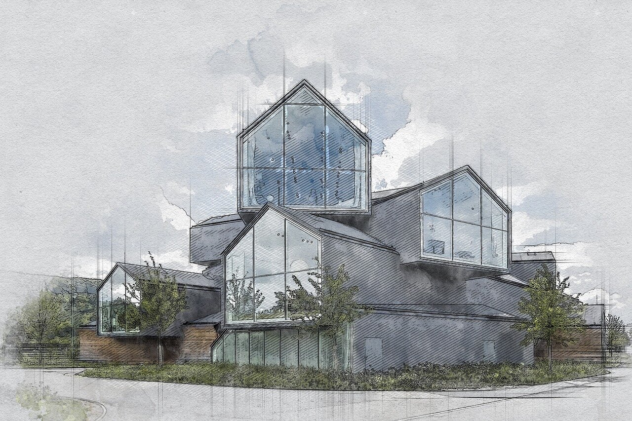 Ilustracja przedstawia nowoczesny budynek składający się z kilku podłużnych brył z dużymi oknami w kształcie trójkąta. Przed budynkiem rosną małe drzewa.