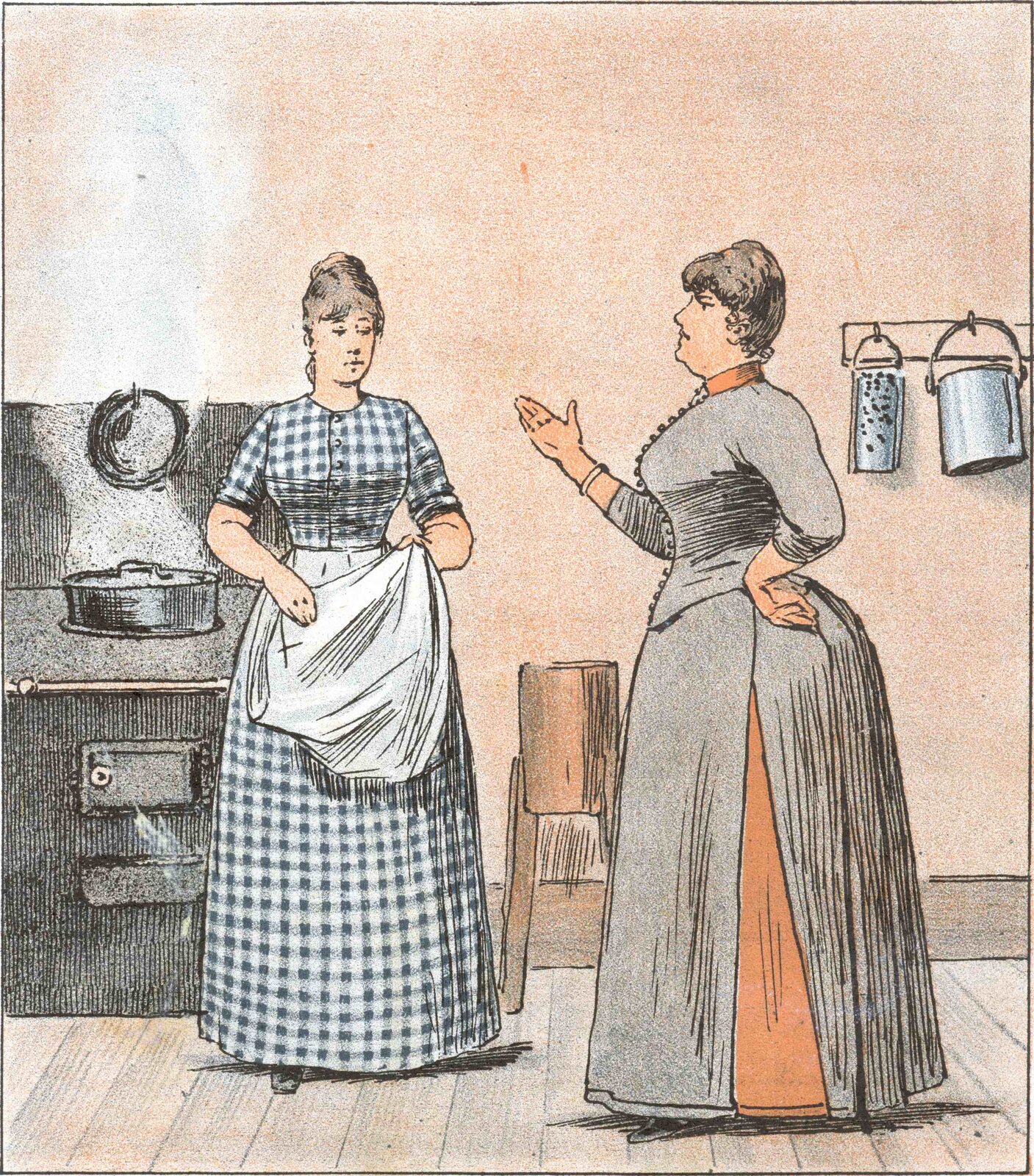 Na ilustracji widoczne dwie kobiety stojące w pomieszczeniu kuchennym. Jedna z nich jest ubrana w kraciastą sukienkę i fartuch, wyciera ręce w fartuch, patrzy obojętnie na drugą kobietę. Druga kobieta jest ubrana w ciemną suknię, wyciąga rękę w stronę służącej, ma groźny wyraz twarzy. Za kucharką stoi kuchnia węglowa, na niej garnek, z którego bucha para. Na ścianie jest powieszone drobne wyposażenie kuchenne.