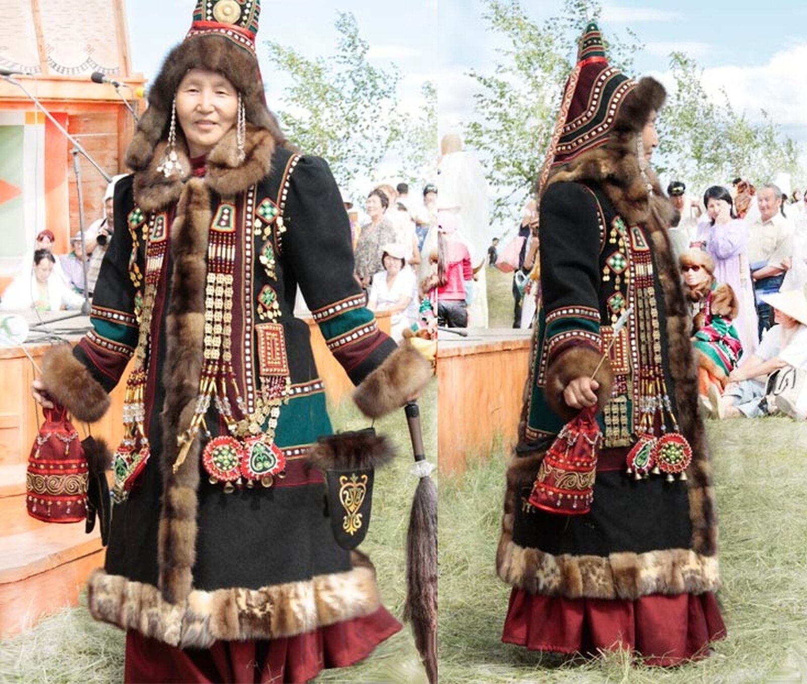 Na zdjęciu dwie osoby w czarnych kożuchach, wywróconych skórą do środka. Ich płaszcze są ozdobione naszywkami i koralikami. Na głowach mają czapki z kożucha wywróconego skórą do środka. Czapki również są bogato zdobione. W dłoniach mają niewielkie woreczki z czerwonego materiału. 