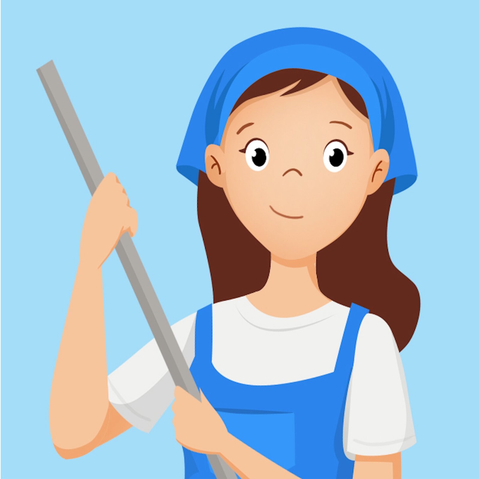 Ilustracja przedstawia panią sprzątającą z miotłą.