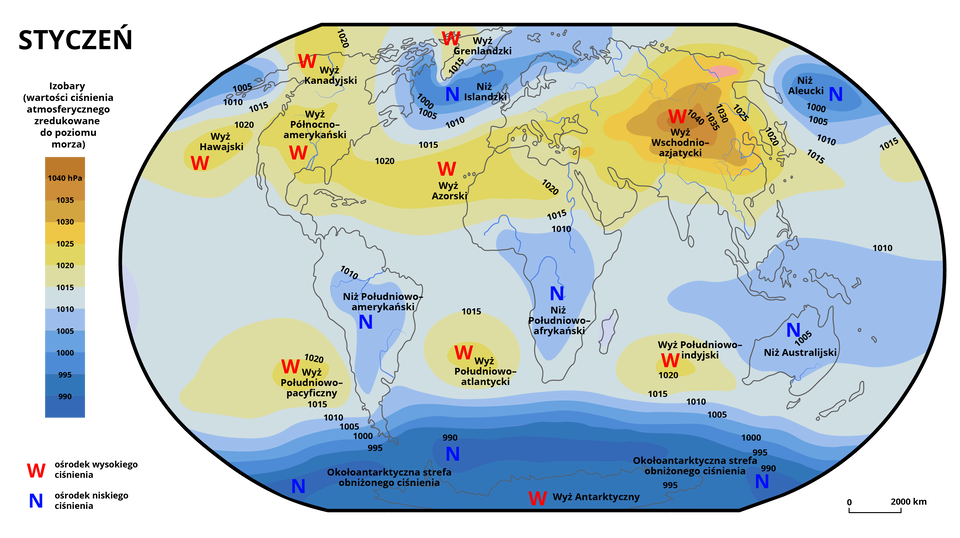 Plansza przedstawia mapę świata z rozkładem ciśnienia atmosferycznego w styczniu. W lewym górnym rogu napis – Styczeń. Poniżej legenda mapy z napisem - Izobary (wartości ciśnienia atmosferycznego zredukowane do poziomu morza). Pod nim znajduje się pionowy pasek z przypisanymi do konkretnych kolorów wartościami ciśnienia atmosferycznego w hektopaskalach. Pasek podzielony jest na dwanaście części, od wartości dziewięciuset dziewięćdziesięciu do tysiąca czterdziestu hektopaskali. Wartości na podziałce zmieniają się co pięć hektopaskali. Wartości od dziewięciuset dziewięćdziesięciu do tysiąca piętnastu hektopaskali przedstawione zostały odcieniami koloru niebieskiego – im niższa wartość ciśnienia, tym ciemniejszy kolor. Wartość dziewięciuset dziewięćdziesięciu ma przypisany kolor ciemnoniebieski, a wartość tysiąca piętnastu hektopaskali kolor biały z lekką domieszką błękitu. Wartości ciśnienia powyżej tysiąca piętnastu hektopaskali zostały zaprezentowane za pomocą odcieni koloru żółtego i brązowego. Dla wartości tysiąca dwudziestu hektopaskali jest to kolor jasnożółty, po czym stopniowo kolory ciemnieją, aż do koloru brązowego dla wartości tysiąca czterdziestu hektopaskali. Poniżej słupka, na dole legendy naniesiono wielką czerwoną literę W oznaczającą na mapie ośrodek wysokiego ciśnienia, oraz wielką niebieską literę N, którą na mapie oznaczono ośrodki niskiego ciśnienia. W prawym dolnym rogu planszy umieszczono poziomy odcinek wyznaczający odległość dwóch tysięcy kilometrów. Ciepłe kolory na mapie koncentrują się wokół ośrodków wysokiego ciśnienia, chłodne barwy skupiają się wokół ośrodków niskiego ciśnienia. Poszczególne ośrodki zostały oznaczone odpowiednimi literami, a obok liter naniesiono ich nazwy. Na półkuli północnej oznaczono sześć ośrodków wysokiego ciśnienia. Zaczynając od zachodu, na mapie pierwszym z nich jest Wyż Hawajski, a następnie Wyż Kanadyjski (położony w północno‑zachodniej części Ameryki Północnej). Wartości ciśnienia w tym dwóch ośrodkach oznaczone są kolorem żółtym oznaczającym tysiąc dwadzieścia hektopaskali, a średnica obszarów o najwyższym ciśnieniu wynosi około dwóch tysięcy kilometrów, obszary mają kształt zbliżony do elips. Wyż Północnoamerykański rozpościera się od centralnej części zachodniego wybrzeża kontynentu i szerokim pasem ciągnie się na wschód, po czym (od centralnej części kontynentu) skręca nieco na południowy wschód w kierunku Florydy i biegnie dalej na wschód, gdzie przed północno‑zachodnim wybrzeżem Afryki  przechodzi w Wyż Azorski. Wyż ten wschodzi dalej w głąb kontynentu, aż do południowej i wschodniej części Sahary. Opisana strefa (począwszy od Wyżu Północnoamerykańskiego) ma na mapie wartość tysiąca dwudziestu hektopaskali. Opisywana strefa rozciąga się również na północ, wąskim pasem przez Cieśninę Gibraltarską i biegnie dalej na wschód północnym wybrzeżem Morza Śródziemnego. Od Półwyspu Bałkańskiego strefa ta rozciąga się równomiernie na północ i na południe. Jej północna granica biegnie od Morza Czarnego aż po ujście rzeki Leny w północnej części Azji i biegnie dalej na północ. Południowa granica strefy rozciąga się na północy Półwyspu Arabskiego i biegnie dalej wzdłuż granicy lądu, kończąc się przed Niziną Indusu. Przestrzeń wokół Wyżu Kanadyjskiego, Hawajskiego i Północnoamerykańskiego na mapie oznaczona jest jaśniejszym kolorem wskazującym na wartość ciśnienia tysiąca piętnastu hektopaskali. Podobnie dzieje się w wąskiej strefie na północy i południu Wyżu Azorskiego. Wartość tysiąca stu piętnastu hektopaskali oznaczoną jasnożółtym kolorem przypisano również obszarom rozciągającym się w pasie od Hawajów, przez południową część Półwyspu Arabskiego, północną część Półwyspu Indyjskiego, aż po Tajwan i część Wysp Japońskich. Na północ od Wyżu Azorskiego występuje Niż Islandzki, który rozciąga się łukowatym kształtem od południowo‑wschodniej części Ziemi Baffina, przez południowe wybrzeże Grenlandii po południowe wybrzeże Islandii. Jest to pas o szerokości około tysiąca kilometrów i o wartości ciśnienia tysiąca hektopaskali. Na północy od niego znajduje się Wyż Grenlandzki, wartość ciśnienia to tysiąc piętnaście hektopaskali, jest oznaczony jasnożółtym kolorem i pokrywa zachodnią część Grenlandii oraz strefę wokół tej części wybrzeża. Ostatnim wyszczególnionym na mapie wyżem na półkuli północnej jest Wyż Wschodnioazjatycki, który położony jest w okolicach Mongolii. Jest oznaczony brązowym kolorem, wartość ciśnienia to tysiąc czterdzieści hektopaskali. Wokół niego rozciągają się strefy o coraz niższym ciśnieniu, każda z nich ma średnio około tysiąca kilometrów szerokości i łączą się z poprzednio opisaną strefą o wartości tysiąca piętnastu hektopaskali. Na oceanie na wschód od Kamczatki występuje niż Aleucki, gdzie ciśnienie osiąga wartość tysiąca hektopaskali. Na półkuli południowej naprzemiennie występują ośrodki wysokiego i niskiego ciśnienia w strefie położonej w rejonie Zwrotnika Koziorożca. Wyże występują na południe od niego, a niże na północ. W niewielkiej odległości na północ od Zwrotnika Koziorożca występują trzy Niże. Pierwszym z nich jest Niż Południowoamerykański, zajmujący centralną część Ameryki Południowej. Kolejny to Niż Południowoafrykański, obejmujący swym zasięgiem część Afryki na południe od Zatoki Gwinejskiej i Wyżyny Abisyńskiej. Ostatnim jest Niż Australijski obejmujący niemal całą Australię i rozciągający się na północ do południowej części Filipin oraz na wchód aż po centralną część Oceanu Spokojnego. Wartości ciśnienia w opisanych niżach oznaczono jako tysiąc dziesięć hektopaskali dla dwóch pierwszych, a dla Niżu Australijskiego wartość ta wynosi tysiąc pięć. Pierwszym z ośrodków wysokiego ciśnienia na południe od Zwrotnika Koziorożca, poczynając od zachodu, jest Wyż Południowopacyficzny, położony około dwóch tysięcy kilometrów na zachód od południowego wybrzeża Ameryki Południowej. Kolejnym wyżem jest położony Między Ameryką a Afryką Wyż Południowoatlantycki, a trzecim wyżem położonym na zbliżonej do poprzednich szerokości geograficznej jest Wyż Południowoindyjski między południowa częścią Madagaskaru a zachodnią Australią. Wartości ciśnienia w opisanych wyżach oznaczono jako tysiąc dwadzieścia hektopaskali. Na południe od wymienionych trzech ośrodków wyżowych występują trzy ośrodki niskiego ciśnienia. Położone są one wokół północnego wybrzeża Antarktydy. Pierwszy z nich leży na południe od Wyżu Południowopacyficznego, drugi na południe od Wyżu Południowoatlantyckiego, a ostatni z nich na południe od Australii. Wartości ciśnienia w tych ośrodkach wynoszą dziewięćset dziewięćdziesiąt hektopaskali. Na Antarktydzie, w okolicach bieguna, oznaczono Wyż Antarktyczny.