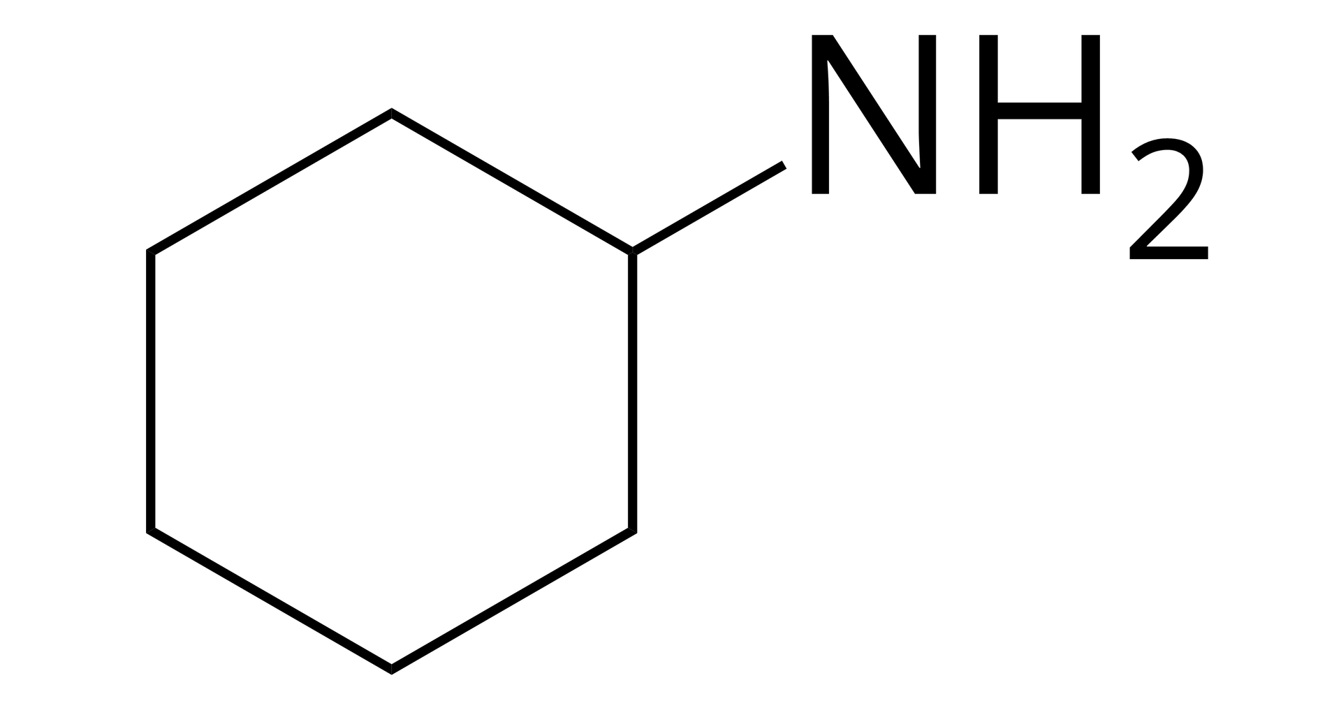Ilustracja przedstawia wzór półstrukturalny cykloheksanoaminy: pierścienia cykloheksanu (sześciokąt) przyłączona jest grupa NH2.