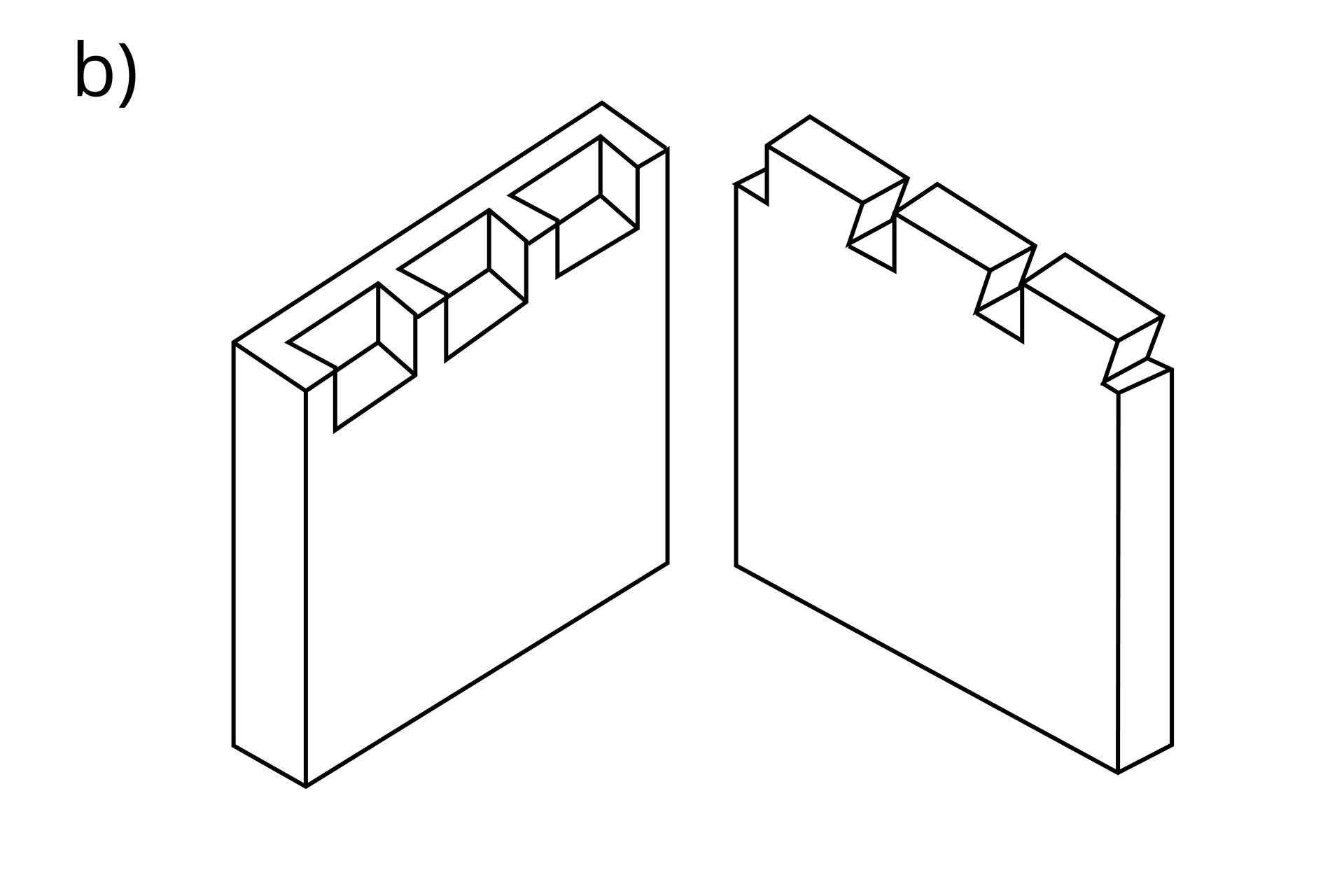 Ilustracja ukazuje złącze wczepowe proste półkryte. Jest to połączenie narożnikowe ścienne – szerokie elementy łączą się pod kątem prostym.  Elementy zakończone wcięciami i wypustami. Jednak wycięcia w jednym elemencie nie przechodzą na wylot. 