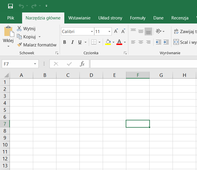 Ilustracja przedstawia otwarty program Microsoft Office Excel. U góry na pasku zadań wybrana jest kategoria narzędzia główne. W programie znajduje się tabela, w której zaznaczona jest komórka f7. 