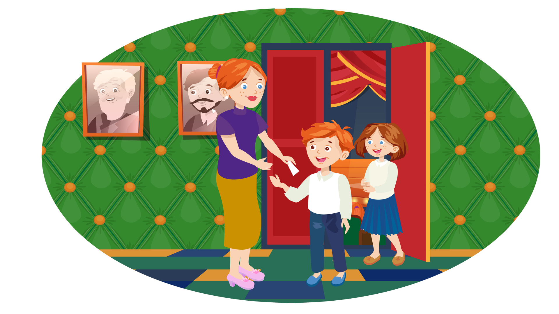 Ilustracja przedstawia wnętrze teatru. W tle znajduje się ściana obita zielonym materiałem i ozdobiona pomarańczowymi guzikami w kształcie kulek. Po lewej stronie wiszą dwa portrety w brązowych ramach. Pierwszy portret przedstawia siwowłosego mężczyznę o długiej brodzie i wąsach, a drugi brązowowłosego mężczyznę o krótkiej brodzie i wąsach. Oba portrety są wykonane w odcieniach brązu. Na środku znajdują się podwójne czerwone drzwi. Ich lewe skrzydło jest zamknięte, a drugie otwarte. Widać tam fragment brązowej sceny teatralnej z czerwoną kotarą, a także zielono‑brązowe krzesełka dla publiczności. Na pierwszym planie, znajduje się podłoga pokryta wykładziną w trzech kolorach: ciemnozielonym, granatowym i pomarańczowym. Na środku stoją Franek i Maja z mamą. Mama jest ubrana w ciemnofioletową bluzkę z golfem i krótkimi rękawami, długą żółtobrązową spódnicę i jasnoróżowe buty. W uszach ma kolczyki w kształcie białych kulek. W lewej dłoni trzyma bilet, który wręcza stojącemu obok niej Frankowi. Franek jest ubrany w białą koszulę z kołnierzykiem i długimi rękawami, długie granatowe spodnie i ciemnoniebieskie buty. Prawą rękę wyciąga po bilet. Na prawo od Franka, przy wejściu do sali teatralnej, stoi Maja. Jest ubrana w białą bluzkę z kołnierzykiem i długimi rękawami, granatową spódnicę do kolan i brązowe buty.