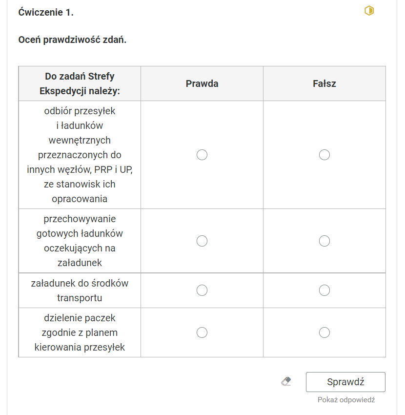 Widok na ćwiczenie typu prawda‑fałsz. Ćwiczenie pierwsze. Oceń prawdziwość zdań.Tabela złożona z trzech kolumn. Nagłówek pierwszej kolumny: “Do zadań Strefy Ekspedycji należy:”. Nagłówek drugiej kolumny: Prawda. Nagłówek trzeciej kolumny: Fałsz. W pierwszej kolumnie zebrane są krótkie opisy zadań, a w drugiej i trzeciej interaktywne pola do zaznaczenia prawdy lub fałszu. Pierwsze zadanie: “odbiór przesyłek i ładunków wewnętrznych przeznaczonych do innych węzłów, PRP i UP, ze stanowisk ich opracowania”. Drugie zadanie: “przechowywanie gotowych ładunków oczekujących na załadunek”. Trzecie zadanie: “załadunek do środków transportu. Czwarte zadanie: dzielenie paczek zgodnie z planem kierowania przesyłek”. Piąte zadanie: “dzielenie paczek zgodnie z planem kierowania przesyłek”.Poniżej ikona gumki do usuwania odpowiedzi, przycisk “Sprawdź” oraz przycisk “Pokaż odpowiedź”.