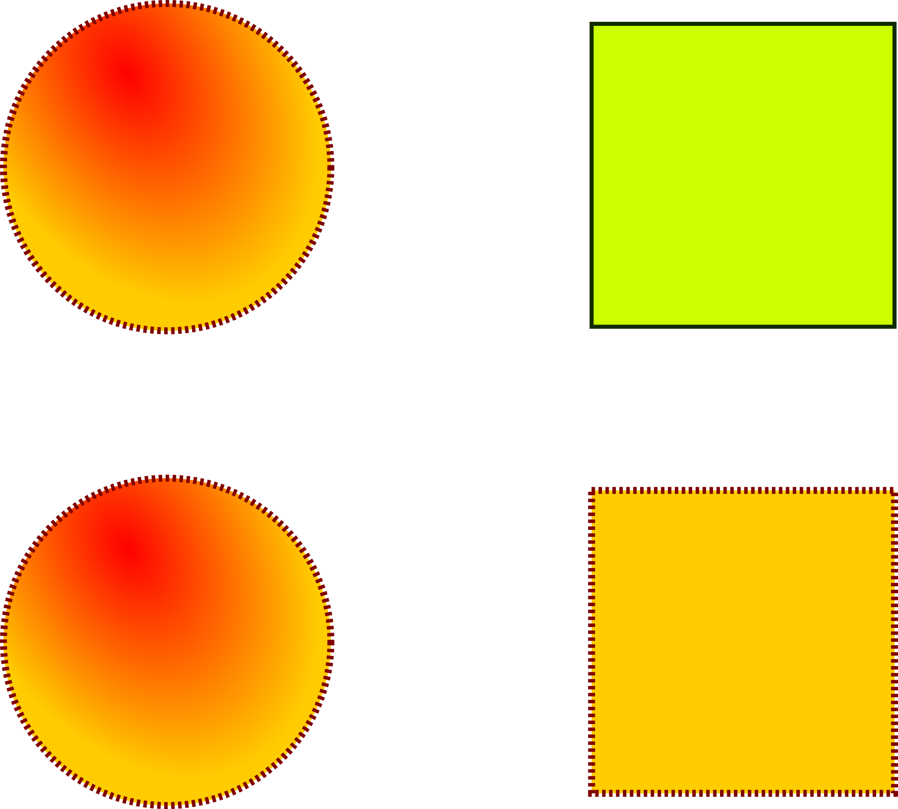 Ilustracja przedstawia koło z kreskowanym konturem z gradientem od żółtego do pomarańczowego oraz zielony kwadrat z prostym konturem.  Poniżej znajduje się to samo koło z kreskowanym konturem i gradientem, a po prawej kwadrat w jednolitym kolorem (zmiksowane kolory gradientu) z kreskowanym konturem. 