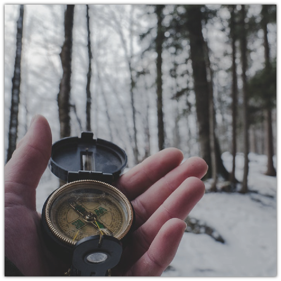 Zdjęcie przedstawia męską dłoń trzymającą kompas na tle zimowego lasu.