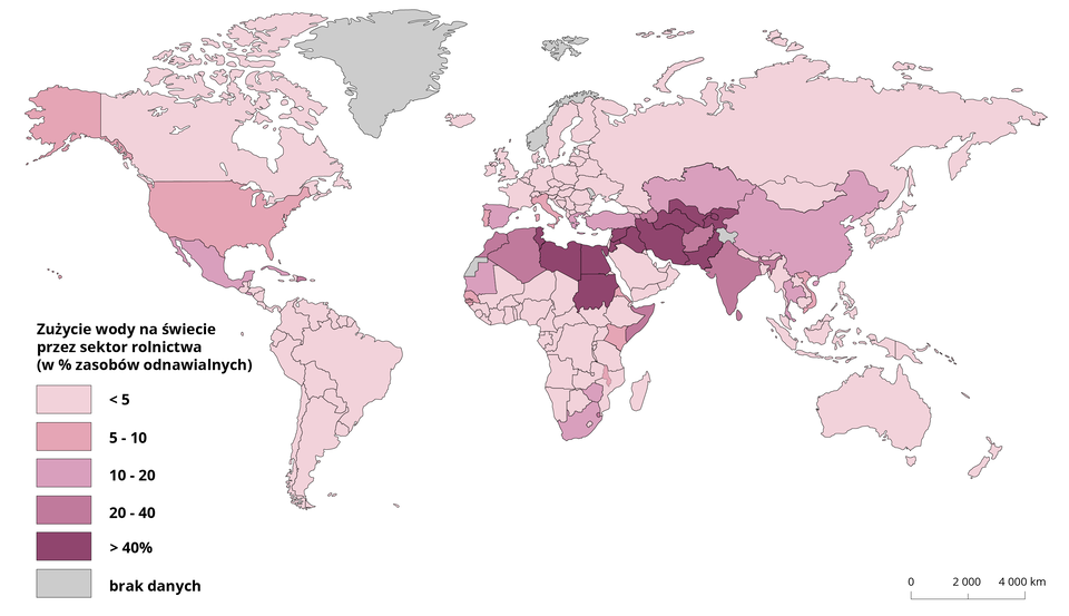 Na mapie świata przedstawiono kraje według zużycia wody na świecie przez sektor rolnictwa w procentach zasobów odnawialnych. Poniżej 5%: Kanada, kraje Ameryki Łacińskiej, cała Ameryka Południowa, znaczna część Afryki - szczególnie zachodnia, środkowa i południowo‑zachodnia i południowo‑wschodnia, znaczna część Półwyspu Arabskiego (Arabia Saudyjska, Oman, Jemen, KAtar, Zjednoczone Emiraty Arabskie), niemal cała Europa z wyjątkiem Grecji, Włoch, Hiszpanii, Portugalii i Turcji, Islandia, cały obszar Rosji, Mongolia, Japonia, Indonezja, Malezja, Laos, Kambodża, Birma, Nepal, Bangladesz, Australia, Nowa Zelandia. Zużycie wody w przedziale od 5 do 10% dotyczy głównie USA, Kenii, Senegalu, Portugalii, Włoch. Zużycie wody w przedziale od 10 do 20% dotyczy RPA, Zimbabwe, Meksyku, Mauretanii, Hiszpanii, Grecji, Kazachstanu, Chin, Tajlandii. Zużycie wody w przedziale od 20 do 40%: Maroko, Algieria, Somalia, Indie, Afganistan. Największe zużycie wody powyżej 40% dotyczy takich krajów jak: Tunezja, Libia, Egipt, Sudan, Jordania, Syria, Irak, Iran, Pakistan, Uzbekistan, Turkmenistan, Kirgistan.