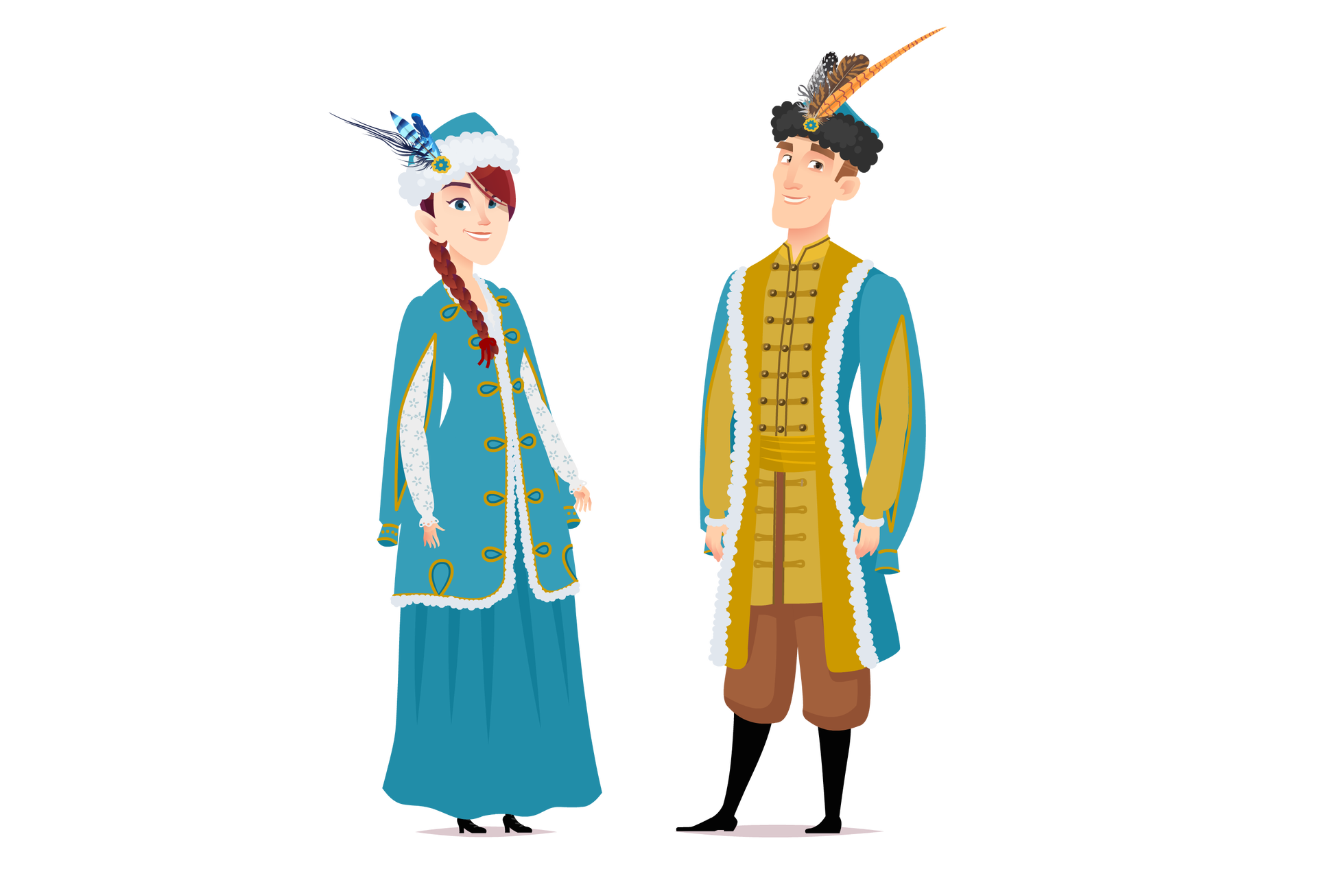 Ilustracja przedstawia kobietę i mężczyznę na białym tle. Kobieta, stojąca z lewej strony, ma na sobie białą koszulę w drobne, niebieskie kwiaty z koronkowymi zdobieniami przy rękawach; szeroką, sięgającą kostek niebieską spódnicę oraz niebieski, sięgający ud kaftan wykończony materiałem przypominającym białą wełnę, z rozcięciami na rękawach oraz złotymi zdobieniami. Na jej głowie obecna jest niebieska czapka wykończona białym, wełnianym materiałem z przymocowanym pawim piórem, a na jej stopach – czarne buty na niskim obcasie. Mężczyzna, stojący z prawej strony, ma na sobie żółtą koszulę wiązaną z przodu pętelkami, sięgającą do połowy ud; niebieski kaftan, podobny do tego noszonego przez kobietę; szerokie, brązowe spodnie oraz czarne buty z wysokimi cholewkami. Na jego głowie obecna jest niebieska czapka wykończona czarnym, wełnianym materiałem, do której przodu przymocowano trzy pióra. Para jest uśmiechnięta. 