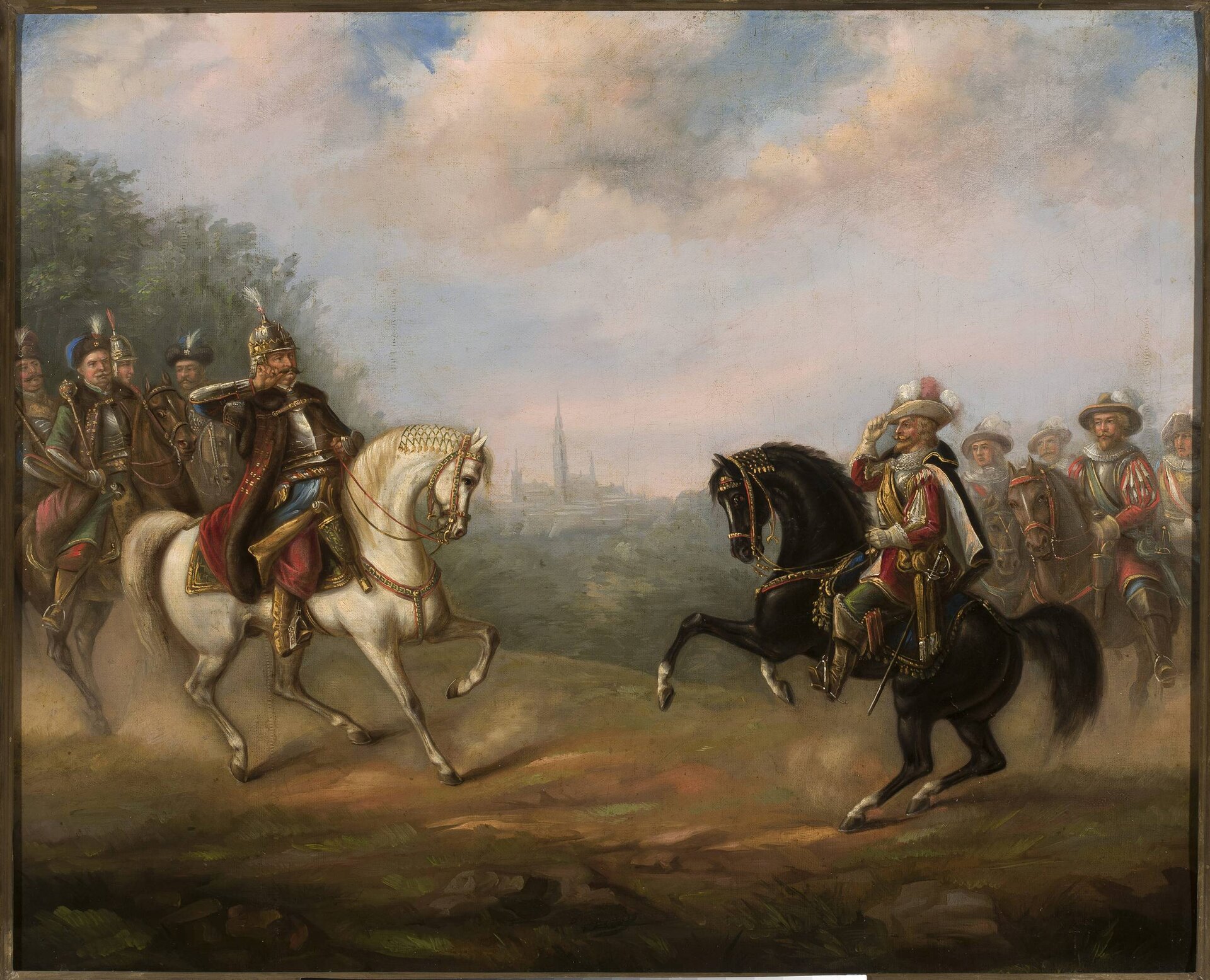 Obraz przedstawia dwie grupy rycerzy na koniach stojących naprzeciwko siebie. Po lewej stronie obrazu widzimy rycerza na białym koniu, przygładzającego wąs. Po prawej mężczyznę na czarnym koniu trzymającego rękę na rondzie wysokiego kapelusza w geście pozdrowienia.