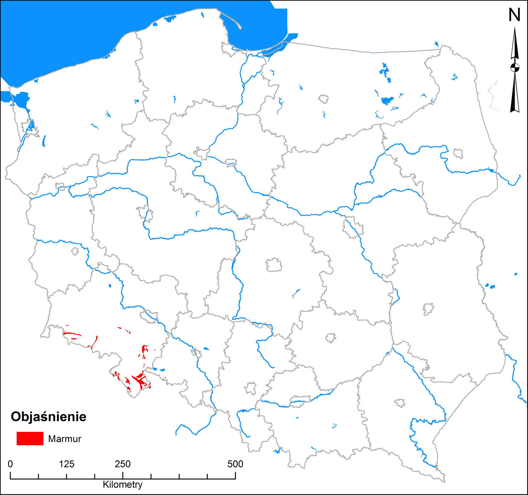 Grafika przedstawia mapę Polski. Zarysowane są kontury województw i głównych miast oraz na kolor niebieski biegnące rzeki i większe akweny wodne. Kolorem czerwonym zaznaczone są złoża marmurów. Występują one w województwie dolnośląskim. Pod mapą znajduje się skala oraz legenda, w której narysowany jest czerwony prostokąt podpisany marmur.