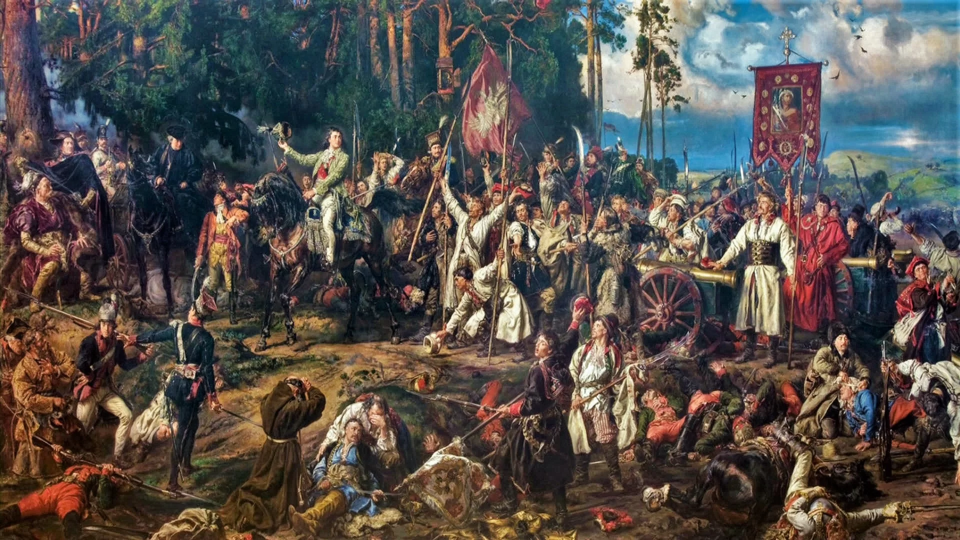Obraz przedstawia pole bitwy. Pierwsze wrażenie zostawia widoczna duża ilość barw użytych na obrazie i ich wyrazistość. W dolnej części obrazu, w dołku uformowanym przez ziemię, leży wiele ofiar, rzuconych w różne strony. Leżą także szaty i broń. W dolnej części obrazu, na lekkie wzniesienie wspina się dwóch żołnierzy w ciemnych strojach, z nakryciem głowy o bronią w ręce. Po lewej stronie obrazu na wzniesieniu znajduje się postać w zielonym kaftanie siedząca na czarnobrązowym koniu. Mężczyzna jest wyprostowany, trzyma w prawej, wyciągniętej ręce wysokie nakrycie głowy. Patrzy w prawą stronę obrazu. Przy nim, na czarnym koniu siedzi mężczyzna ubrany cały na czarno. Skrajnie po lewej stronie, pod drzewem stoi tłum ludzi. Po prawej stronie mężczyzny w zielonym kaftanie stoi mnóstwo ludzi, podnoszących w górę broń, chorągiew z orłem oraz wizerunek Jezusa. Stoją też armaty. Za zgromadzonymi jest las i pola.