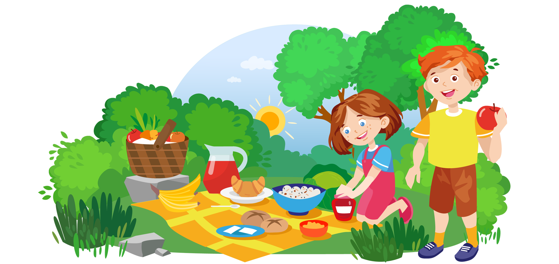Ilustracja przedstawia zieloną polanę porośniętą gdzieniegdzie krzewami i kępkami wysokiej trawy. Po prawej stronie rosną dwa drzewa liściaste. W tle widać błękitne niebo ze słońcem i jasnymi chmurami. Na środku polany leży koc w żółto‑pomarańczową kratę. Ustawiono na nim naczynia i produkty spożywcze. Od lewej strony znajdują się tam: banany, dzbanek czerwonego soku, rogalik na białym talerzyku, łyżeczka, dwa plastry sera na niebieskim talerzyku, dwie bułki, sałatka w niebieskiej misce, pasta do smarowania pieczywa w czerwonej miseczce i słoik dżemu. Po prawej stronie klęczy na kocu uśmiechnięta Maja. Obiema rękami próbuje odkręcić słoik dżemu. Po lewej stronie, obok koca, znajduje się duży szary kamień. Stoi na nim duży brązowy kosz wypełniony jabłkami i marchewkami. Po prawej stronie ilustracji, obok Mai, stoi na trawie uśmiechnięty Franek. W uniesionej prawej dłoni trzyma czerwone jabłko.