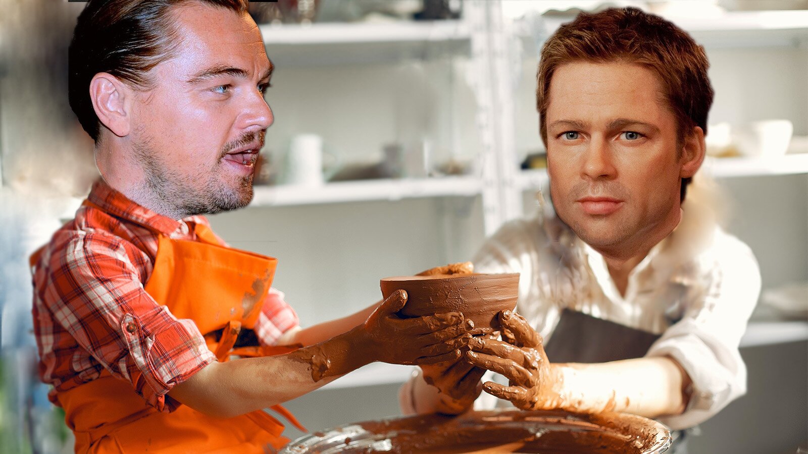 Grafika przedstawia dwóch mężczyzn podających sobie miseczkę wykonaną z gliny. Twarze zastąpiono twarzami znanych aktorów. 