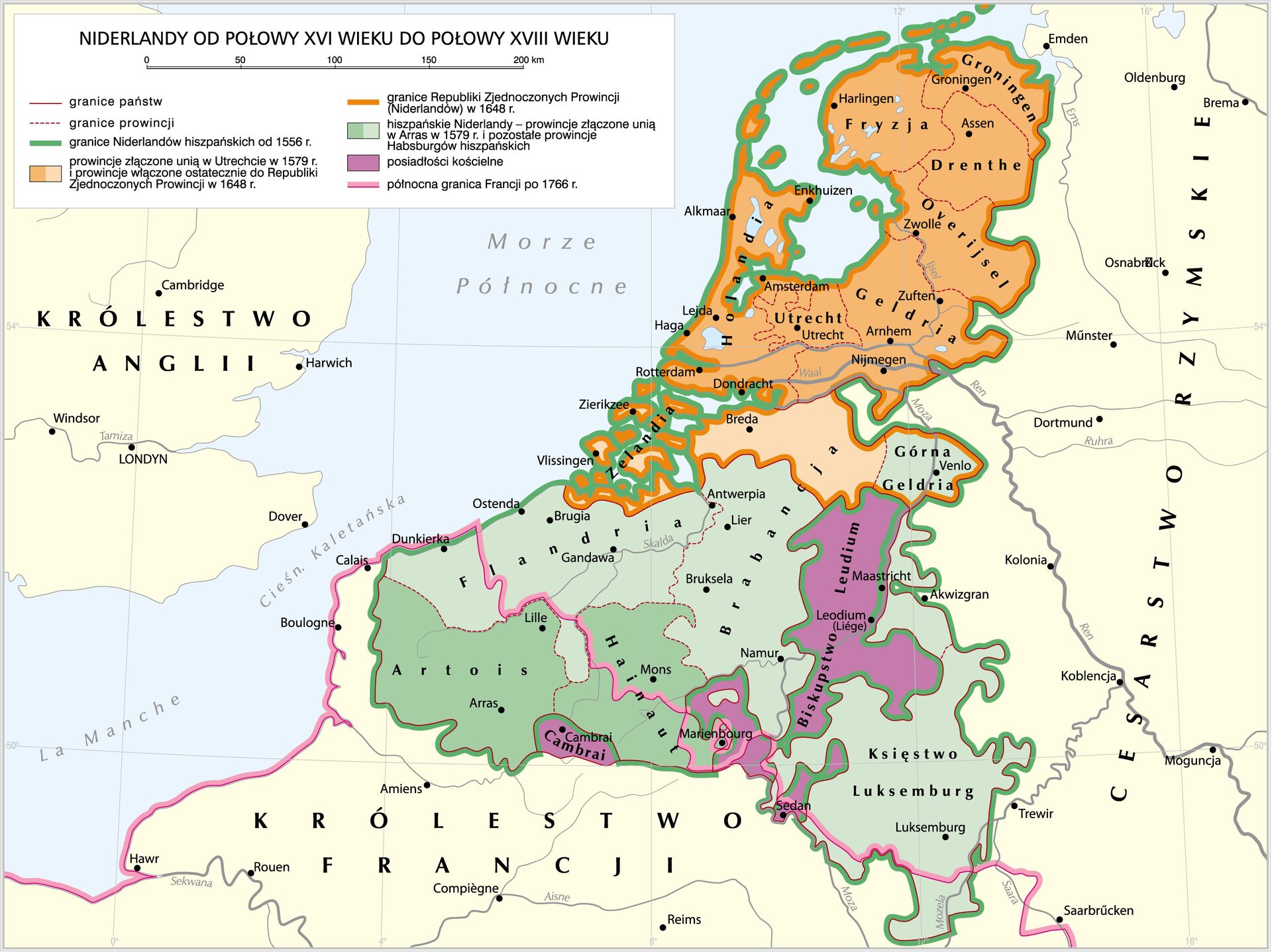 Mapa przedstawia Niderlandy od połowy piętnastego wieku do połowy osiemnastego wieku.  Niderlandy Hiszpańskie obejmowały obszar dzisiejszej Belgii, Niderlandów i Luksemburga.  W 1579 roku unią w Ultrechcie zostały połączone Holandia, Zelandia, Fryzja, Groningen, Drenthe, Overijsel, Geldria, Ulrecht i północna część Brabancji. Wszystkie te prowincje wraz z Górną Geldrią utworzyły i zostały włączone do Republiki Zjednoczonych Prowincji w 1648 roku.  Hiszpańskie Niderlandy czyli prowincje złączone unią w Arras w 1579 roku obejmowały Flandrię, Brabancję, Hainaut, Artois, Górną Geldrię oraz Księstwo Luksemburgu.  Do posiadłości kościoła należała Cambrai, Biskupstwo Leudium oraz pewne fragmenty południowych Niderlandów Hiszpańskich.  Po 1766 roku północna granica Francji przebiegała przez Flandrię, Hainaut i południowe fragmenty Luksemburga. 