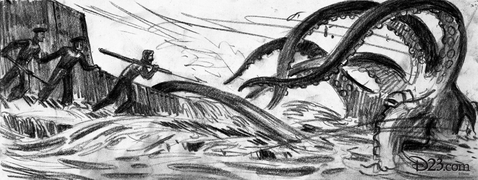 Ilustracja przedstawia szkic do filmu Richarda Fleischera „20 000 mil podmorskiej żeglugi” autorstwa Emile Kurie. Przedstawia scenę walki 3 mężczyzn z ośmiornicą. Mężczyźni są po lewej stronie ilustracji. Stoją na statku, dwóch z nich trzyma bosak skierowany w stronę ośmiornicy. Z prawej strony ilustracji znajduje się wielka ośmiornica, której macki wystają ze wzburzonej wody. Szkic jest narysowany czarnym narzędziem pisarskim na białej kartce.