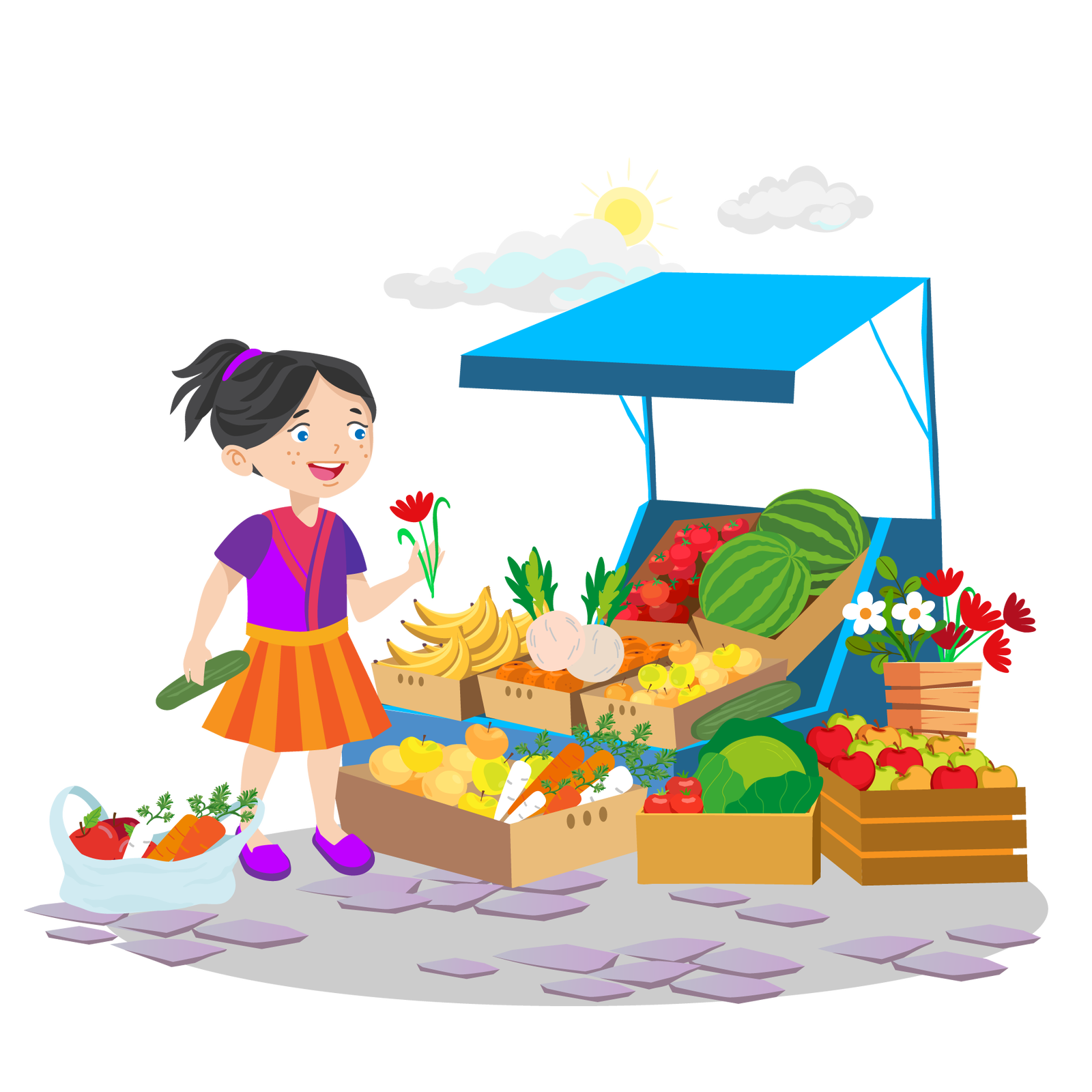 Ilustracja przedstawia stoisko targowe. W tle widać słońce i dwie jasne chmury. Po prawej stronie rozstawiono brązowe skrzynki z kwiatami, owocami i warzywami. Widać między innymi pomidory, arbuzy, jabłka, pomarańcze, banany, marchewki i sałatę. Nad stoiskiem jest rozłożony niebieski daszek. Po lewej stronie, obok jednej ze skrzynek, stoi dziewczynka. Ma czarne włosy upięte w kitkę. Jest ubrana w ciemnoróżową bluzkę z krótkimi rękawami, fioletową narzutkę z krótkimi rękawami, krótką pomarańczową spódnicę i fioletowe buty. Wącha czerwony kwiat, który trzyma w lewej dłoni. W prawej dłoni trzyma ogórka. Obok dziewczynki, na chodniku, leży kilka warzyw w foliowej reklamówce. Są tam jabłka, marchewki i pietruszka.