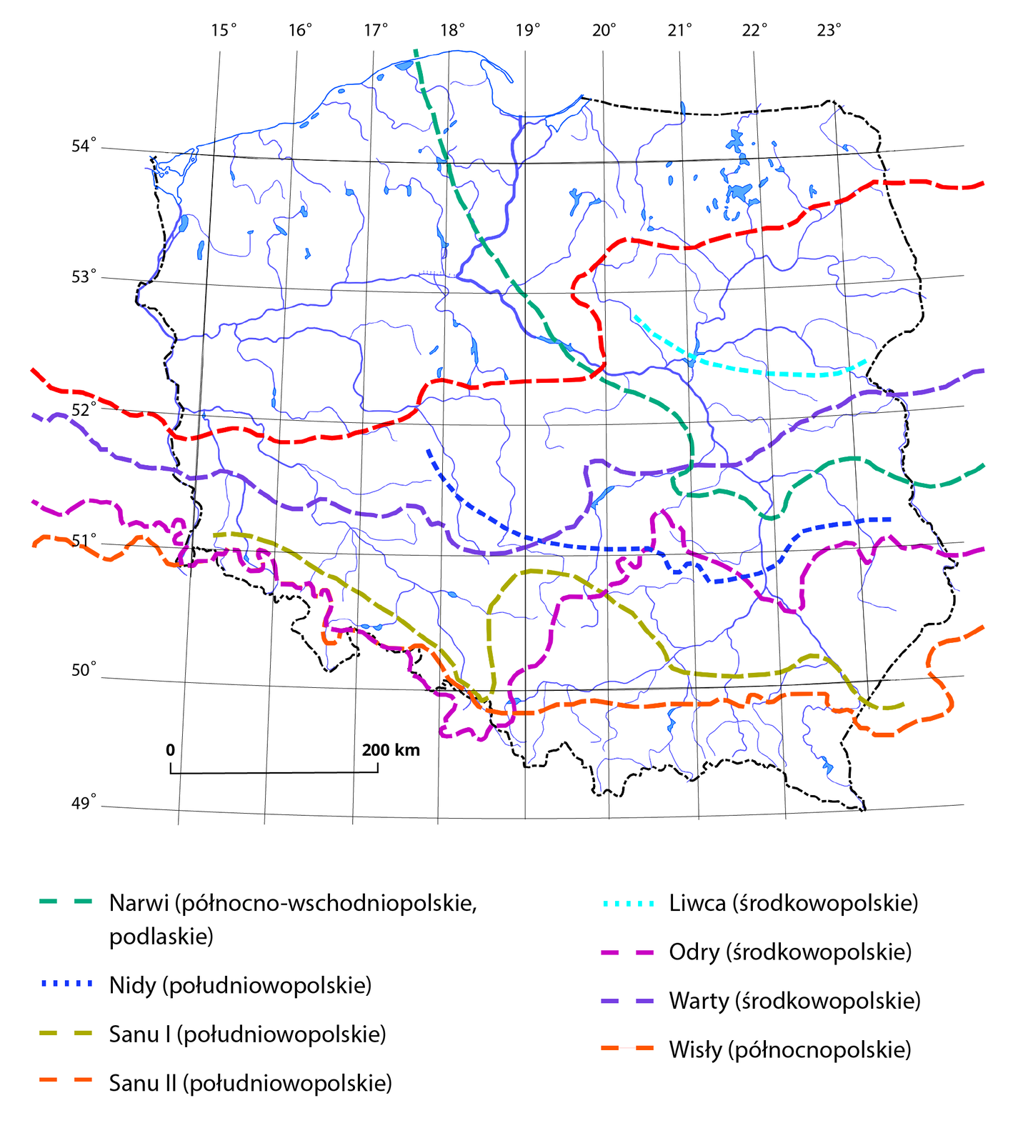 Mapa Polski z liniami oznaczającymi zakres występowania poszczególnych zlodowaceń. Przerywaną zieloną linią oznaczono zlodowacenie Narwi (północno‑wschodniopolski, podlaskie), kropkowaną niebieską linią zlodowacenie Nidy (południowopolskie), żółtą linią zlodowacenie Sanu I (południowopolskie), jasnoczerwoną przerywaną linią zlodowacenie Sanu II (południowopolskie), kropkowaną turkusową linią zlodowacenie Liwca (środkowopolskie), przerywaną różową linią zlodowacenie Odry (środkowopolskie), przerywaną fioletowa linią zlodowacenie Warty (środkowopolskie), czerwoną przerywaną linią zlodowacenie Wisły (północnopolskie).