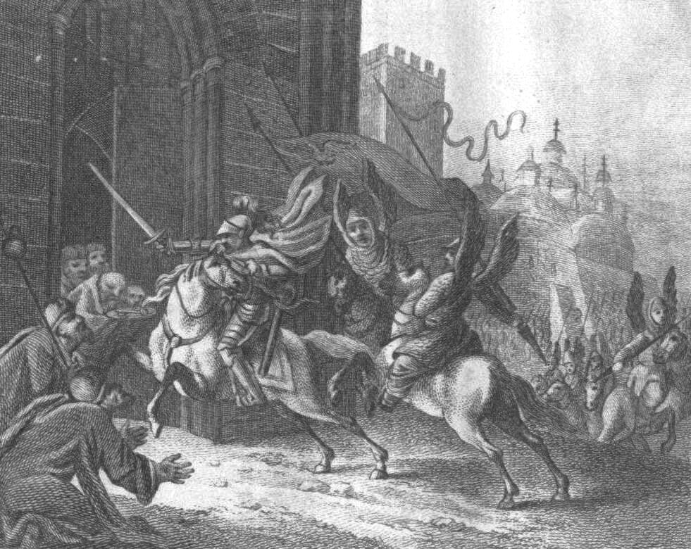 Rycina przedstawia dwóch rycerzy na koniach, którzy szturmują bramę zamku. Wokół zamku są liczne wojska.