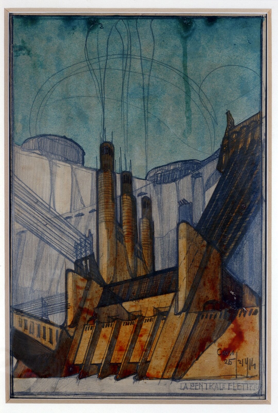 Ilustracja przedstawia obraz Antoniego Sant'Elia pt. „Projekt elektrowni”. Na obrazie mieści się projekt elektrowni. Duży budynek z licznymi kominami. Ilustracja jest w odcieniach beżu i brązu.