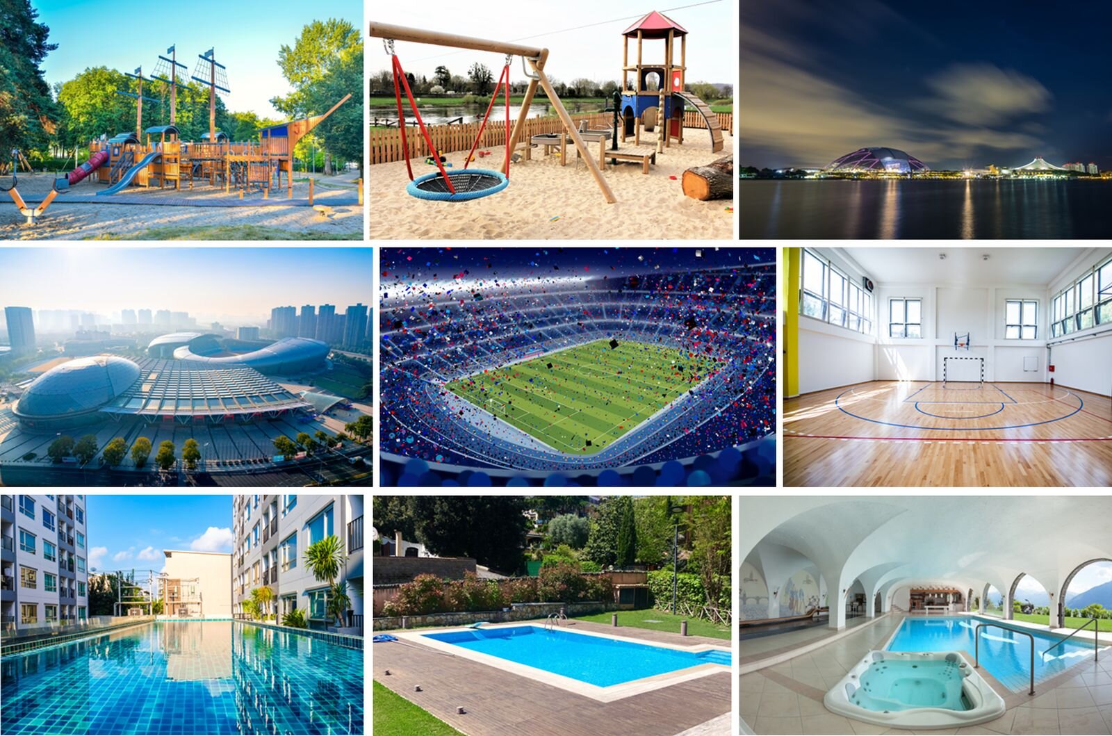 Ilustracja ukazuje 9 zdjęć, które ukazują budowle służące wypoczynkowi i rekreacji. Są to baseny, place zabaw, stadiony, parki miejskie, ścieżki rowerowe, boiska.
