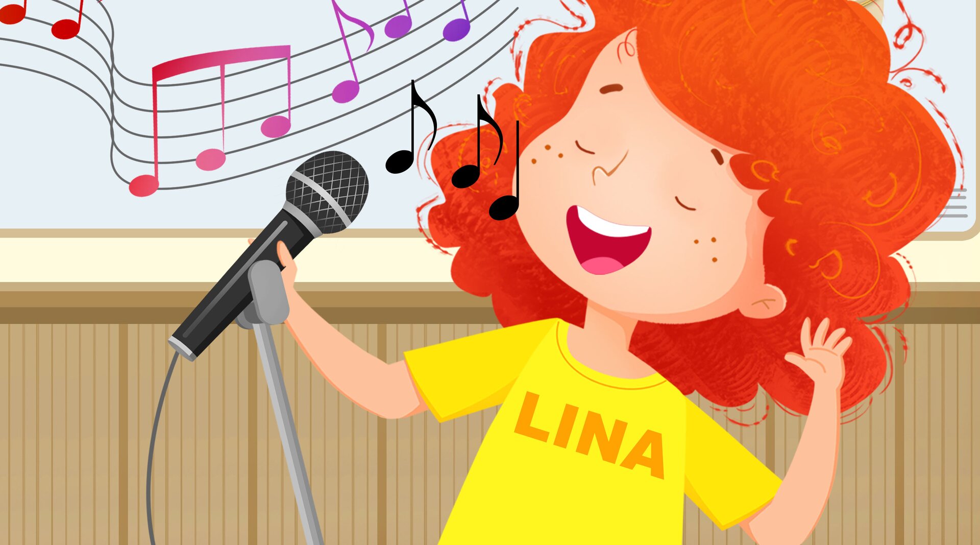 Ilustracja przedstawia Linę śpiewającą do mikrofonu. 